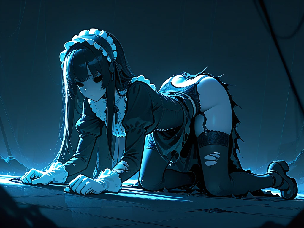 ((Highest quality)), ((masterpiece)), ((detailed)), a girl who is dressed as witch or maid with chains on her, 1girl, maid, 独奏, BDSM, bound, bondage, chain, maid headdress, long hair, breasts, blue hair, (angry), clenched teeth, blush, rope, (torn clothes), erect nipples, pantyhose, panties under pantyhose, torn pantyhose, frilled shirt, torn shirt, pussy, sweat, blood, wet, spread legs, feet up, restrained, arms behind back, large breasts, looking at viewer, prison, torture