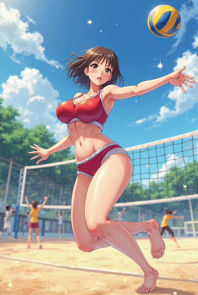 Beach Volleyball,Busty girl,High Saturation,CG Art, Makoto Shinkai's photo, pure, Concept Art, Lofi Art style,Shinkai Makoto animation art style, Lofi Art, Beautiful anime scene, Anime Landscape, Detailed scenery, Makoto Shinkai's style, Makoto Shinkai's style, Enhance Details