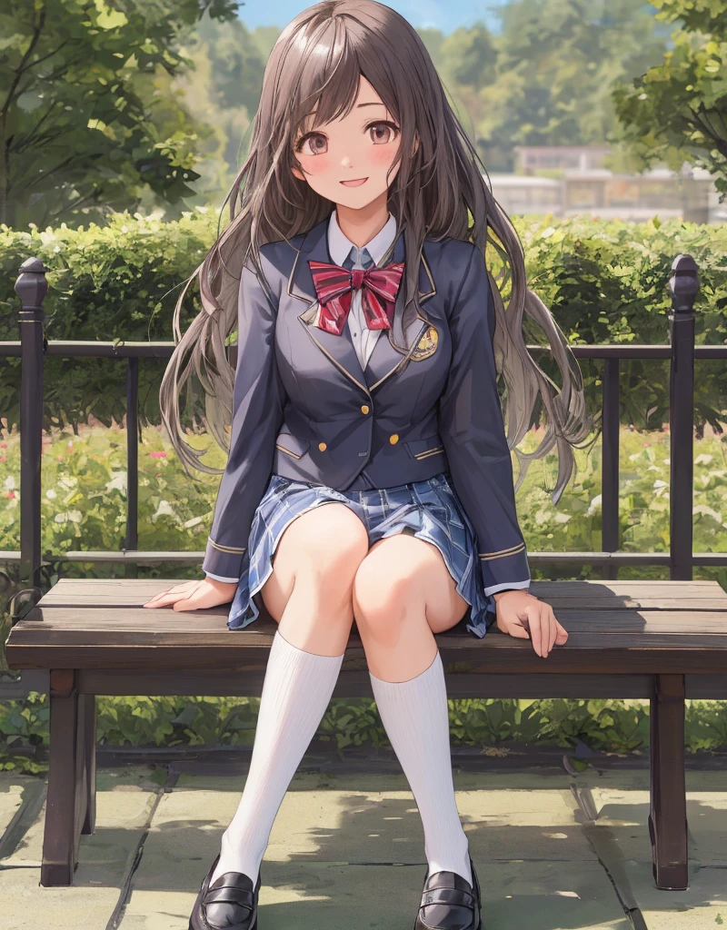 highest quality, masterpiece, High resolution, (Head to Toe full body), front, frontやや下からの構図, Symmetric, Tall 18 year old girl, alone, (Head to Toe), (Small breasts), Unkempt brown hair, bangs, (black tights), (Black Pantyhose), (Sit with your legs apart), (Crouching pose), (Composition depicting white panties), (Her legs were spread、White panties are visible.), (Sit on the floor with your legs spread), (M-shaped feet), Thin legs, とても美しくTall 18 year old girl, (No shoes), blush, Shy big eyes, Looking into the camera, Blazer uniform, Checkered pleated skirt