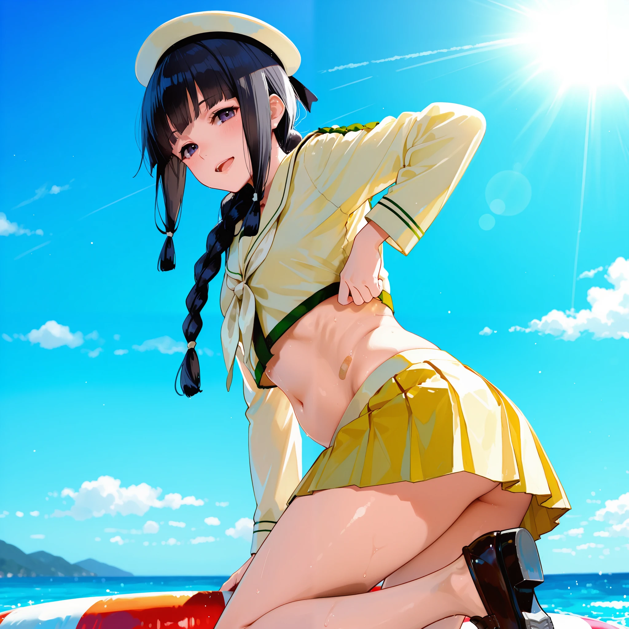 Kitakami [Kai Ni Outfit] (Kantai Collection), 1 girl, 北superior (KanColle), black hair, pleated skirt, Single Braids, school uniform, long sleeve, long hair, sailor suit, side lock, short bang, Neckerchief, sailor color, Headwear ribbon , belly button, superior, knee-high, hair bows, loafers, crop top that rubs your back and chest, chest, hair hanging over the shoulders, dark eyes, yellow skirt over swim ring, cowboy shooting