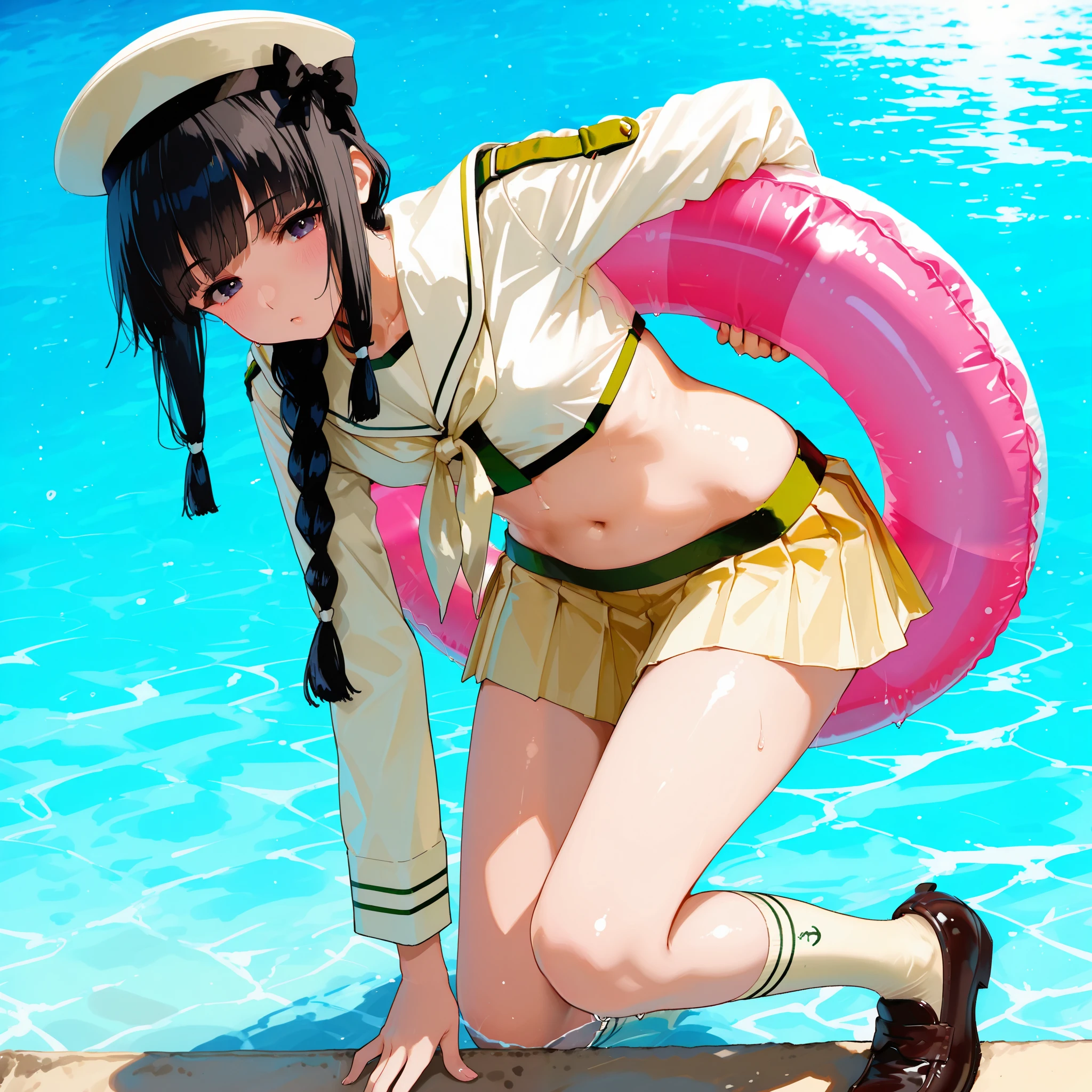 Kitakami [Kai Ni Outfit] (Kantai Collection), 1 girl, 北superior (KanColle), black hair, pleated skirt, Single Braids, school uniform, long sleeve, long hair, sailor suit, side lock, short bang, Neckerchief, sailor color, Headwear ribbon , belly button, thin waist, superior, knee-high, hair bows, loafers, crop top that rubs your back and chest, chest, hair hanging over the shoulders, dark eyes, yellow skirt over swim ring, cowboy shooting