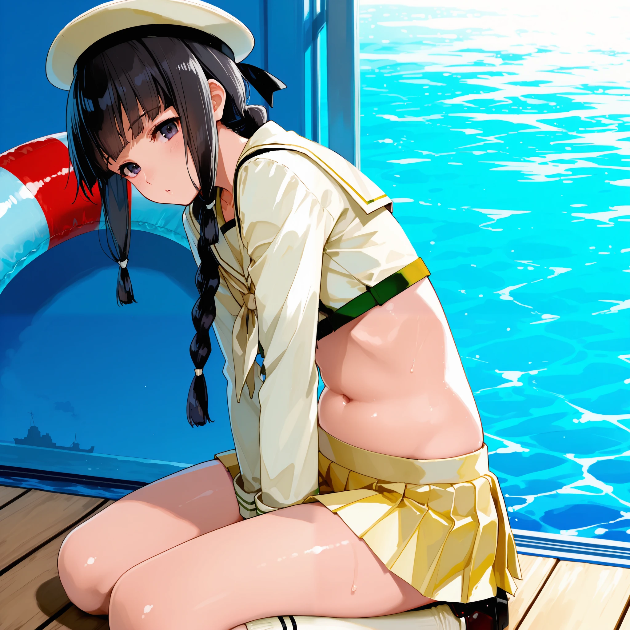 Kitakami [Kai Ni Outfit] (Kantai Collection), 1 girl, 北superior (KanColle), black hair, pleated skirt, Single Braids, school uniform, long sleeve, long hair, sailor suit, side lock, short bang, Neckerchief, sailor color, Headwear ribbon , belly button, thin waist, superior, knee-high, hair bows, loafers, crop top that rubs your back and chest, chest, hair hanging over the shoulders, dark eyes, yellow skirt over swim ring, cowboy shooting