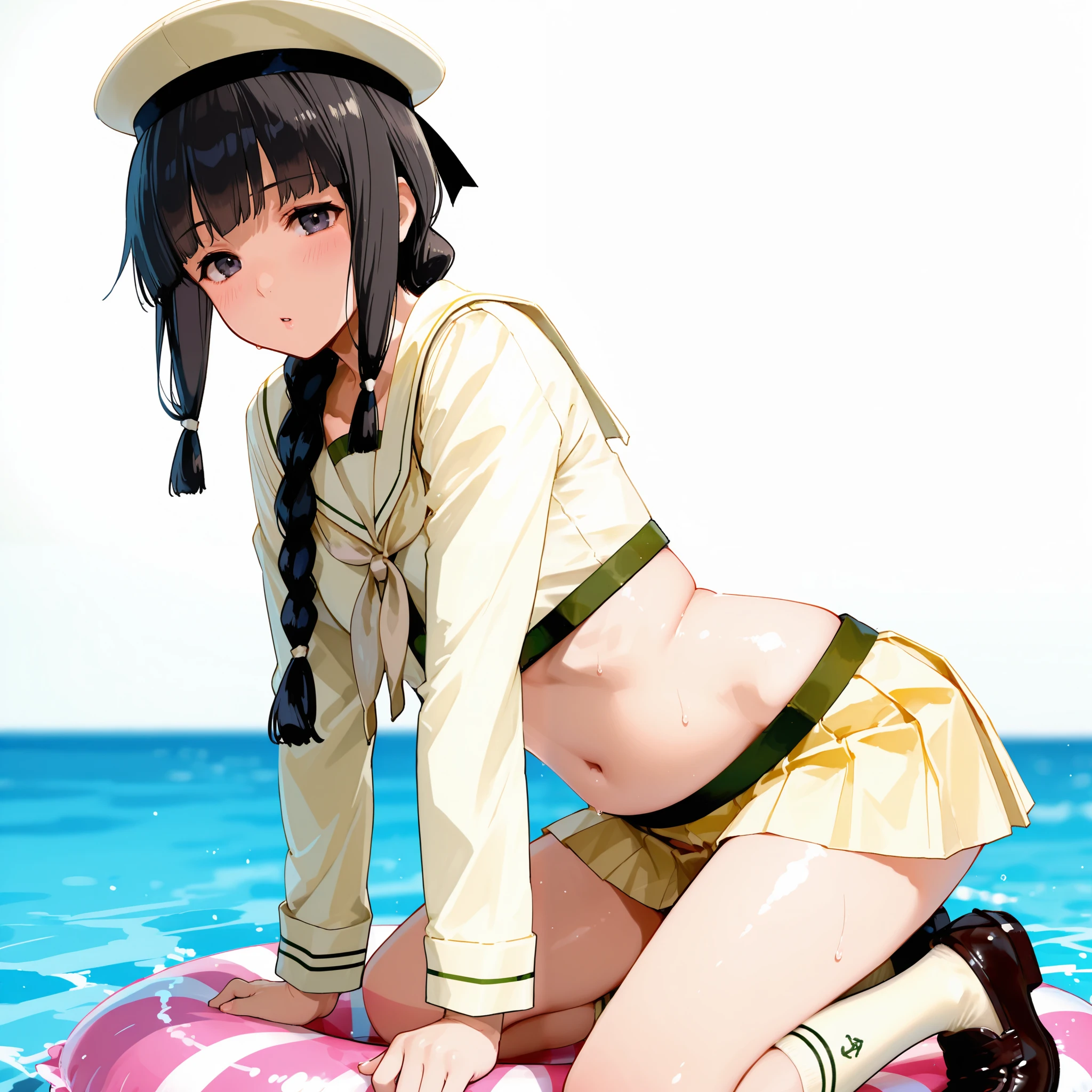 Kitakami [Kai Ni Outfit] (Kantai Collection), 1 girl, 北superior (KanColle), black hair, pleated skirt, Single Braids, school uniform, long sleeve, long hair, sailor suit, side lock, short bang, Neckerchief, sailor color, Headwear ribbon , belly button, thin waist, superior, knee-high, hair bows, loafers, crop top that rubs your back and chest, chest, hair hanging over the shoulders, dark eyes, yellow skirt over swim ring, cowboy shooting