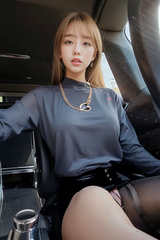 (photorealistic),(masterpiece),(ultra-detailed),a very pretty and sexy 20 year old girl holding more than liters of pee, sitting in a car seat ,wearing crop bubble jacket and tight black jeans, hands jammed between thighs, legs crossed tightly, lower abdomen part of the tight black jeans bulging from full bladder as big sphere as if she was fully nine months pregnant but smooth rounded ,enduring extreme urge to pee,eyes slightly closed,pee about to come out,sweating,wearing skin tight black jeans