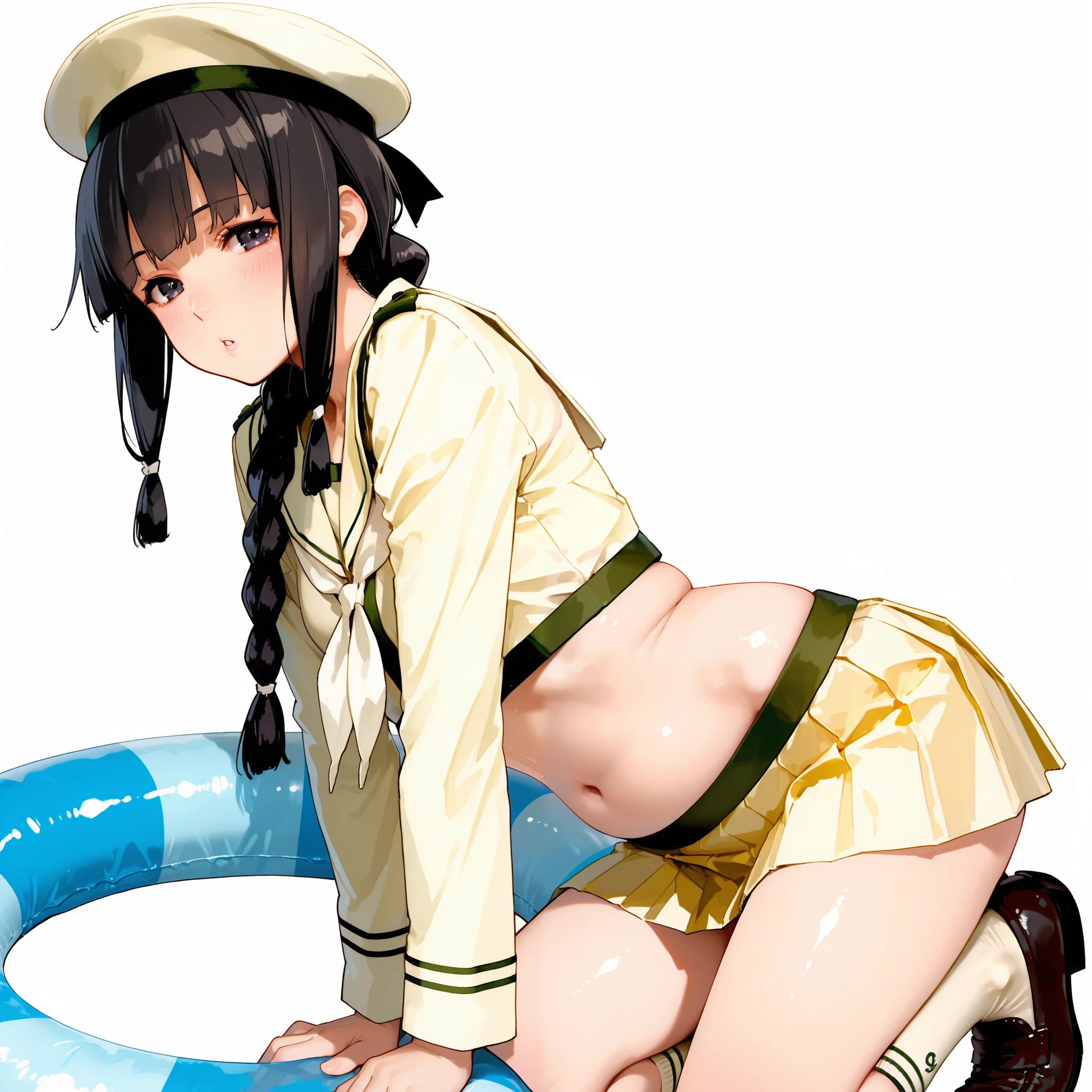 Kitakami [Kai Ni Outfit] (Kantai Collection), 1 girl, 北superior (KanColle), black hair, pleated skirt, Single Braids, school uniform, long sleeve, long hair, sailor suit, side lock, short bang, Neckerchief, sailor color, Headwear ribbon , belly button, thin waist, superior, knee-high, hair bows, loafers, crop top that rubs your back and chest, chest, hair hanging over the shoulders, dark eyes, yellow skirt over swim ring, cowboy shooting