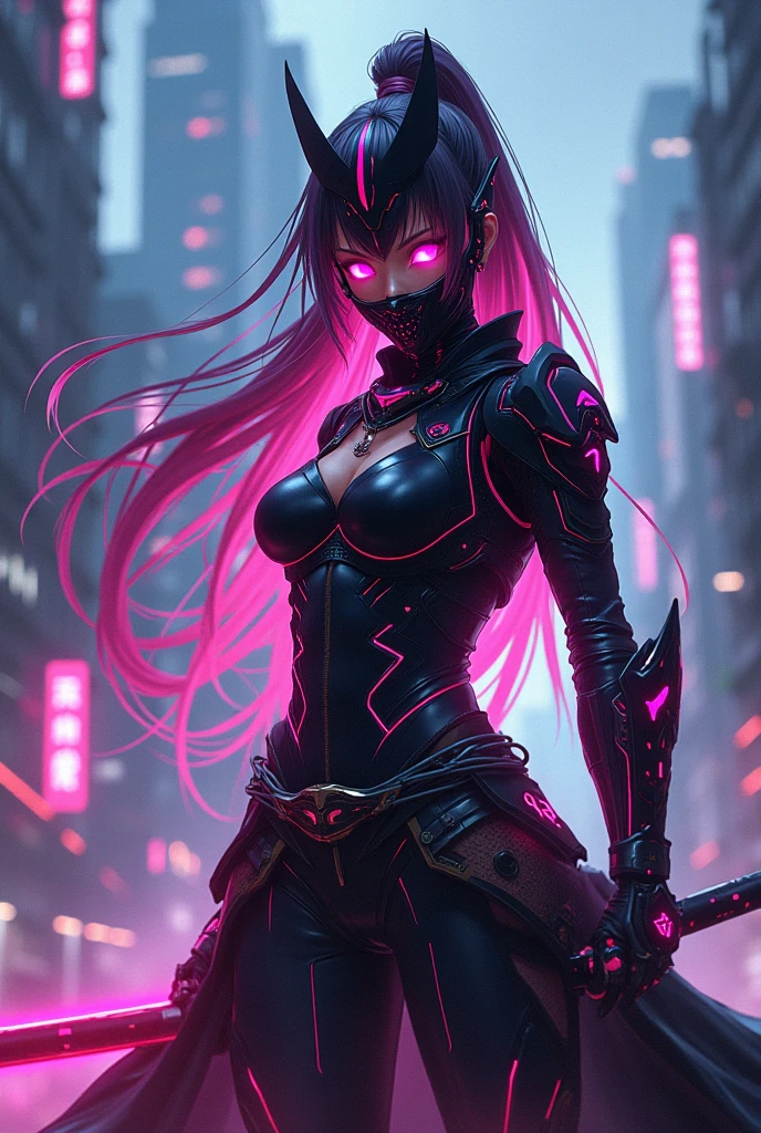 dark Elf, Young woman, cyberpunk, full length, night, rain, neon city, katana
