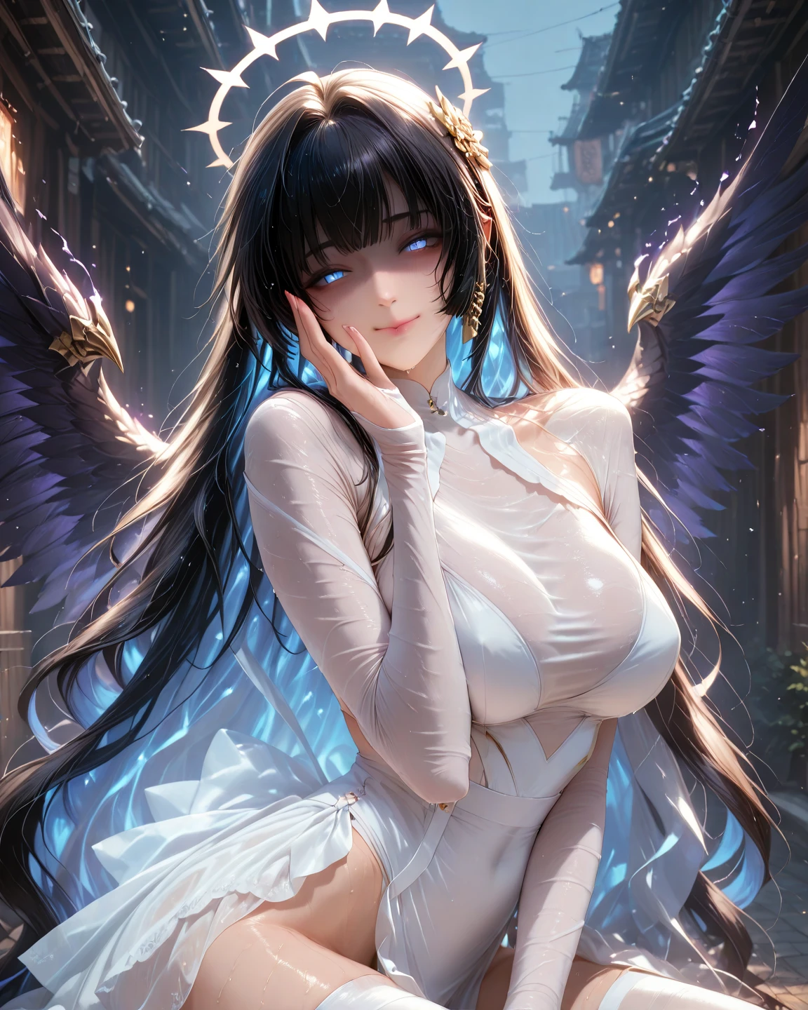 Raw photo, masterpiece, best quality, ultra-detailed, high resolution, extremely detailed CG, unity 8k wallpaper, official art, production art, novel illustration, caustics, textile shading, super detailed skin, perfect anatomy, detailed, cinematic lighting, dynamic lighting, older woman, slender and thin woman, 35 years old, beautiful detailed eyes, (fair white skin), cold and icy smile,(nsfw:0.7), (white Form-fitting silk dress :1.5), (EE breasts), curvy and thick slim body, large buttocks, raven black hair, piercing jet black eyes, long lashes, eye shadow, eyeliner, detailed eyes, beautiful eyes, full black lips, tall height(180cm), behind viewer, back shot, hips focus, Icy cold temperament, cold face(no smile), close up picture, (side slit dress:1.5), icy blue phoenix wings