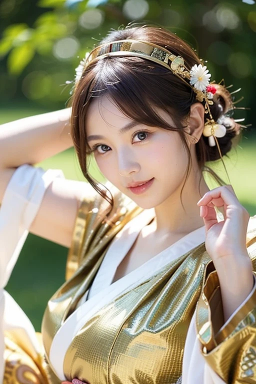 ((((masterpiece, highest quality, High resolution)))), Extremely detailed 8K, スリムな体を持つsexyな美しい日本の十代の女の子, (Ultra HD, Super detailed, Very detailed, Very realistic, Ultra-realistic, Photo Real), (One girl:1.5), Blonde Hair, Like a short bob cut, (Dynamic pose), To the camera, A light smile, (Huge breasts: 1.2), (Beautifully detailed face, Beautiful fine details), Anatomically correct hand structure, Anatomically correct finger structure,(長くてsexyな光沢のあるシルクのシースルーの日本の巫女の衣装,Golden dragon embroidery:1.5), (The front buttons of the Japanese shrine maiden's outfit are not fastened.、The chest area is wide open:1.5), shine, Sweat, (Light of the sun, sunlight),(topless), sexyな長い脚, naked,Exposed breasts,sexy, Blushing,Looking up at the sky, (Wide々The royal gardens:1.2), Ultra-realisticなWide大な風景, photogenic scenery, spotlight on face、Camel Toe、Giant tit、Nipple Puffs、Cleavage、Plump、Super big breasts、Super big butt、Bubble butt