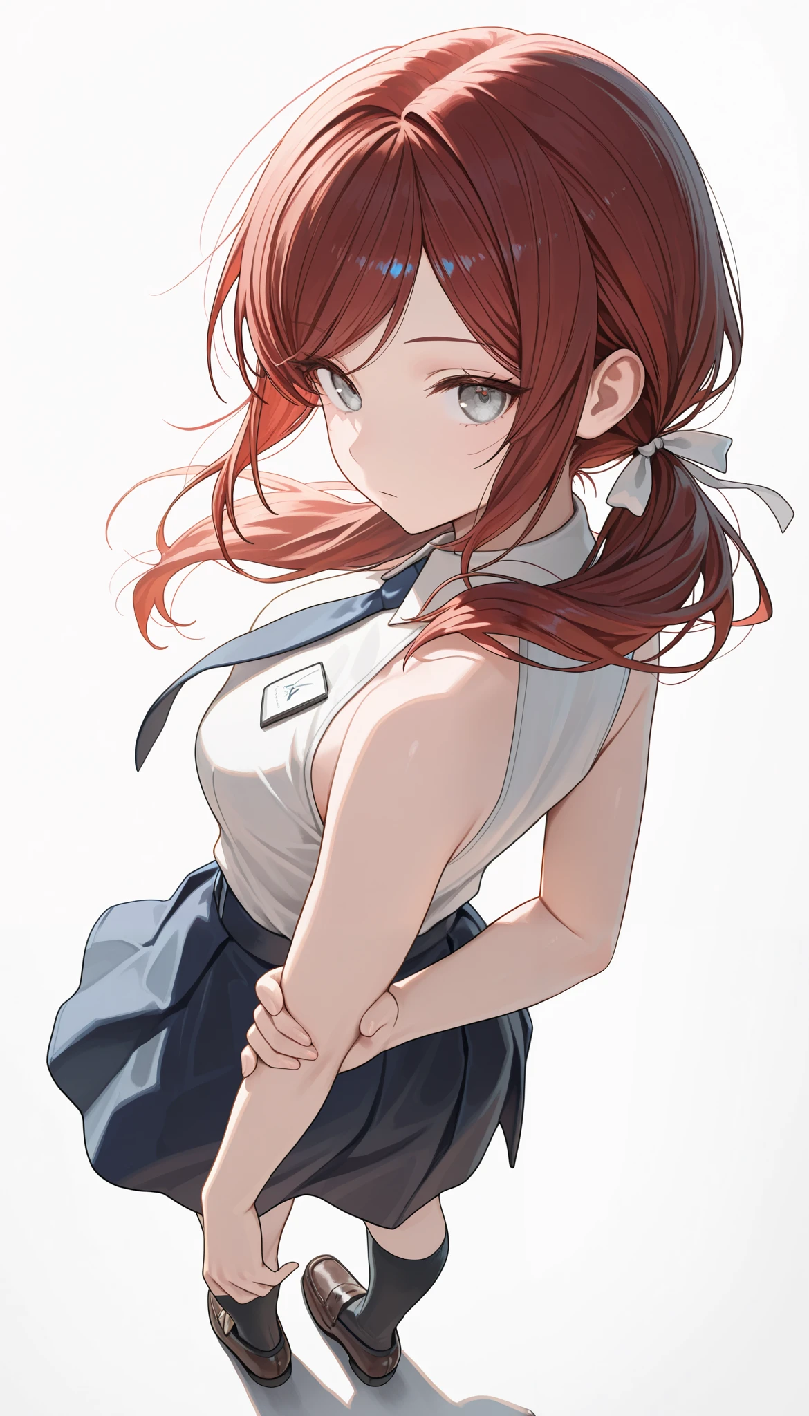 (masterpiece:1.2, Best Quality), (finely detailed beautiful eye: 1.2), (beautiful detailed face), stoic, , looking back, solo, expressionless, full body, Gray eyes, dark red hair, swept bangs, low twin tails, white ribbons, sleeveless white halter neck collared shirt, dark blue necktie, dark blue skirt, black knee socks, loafers, white background, simple background, holding own arm,