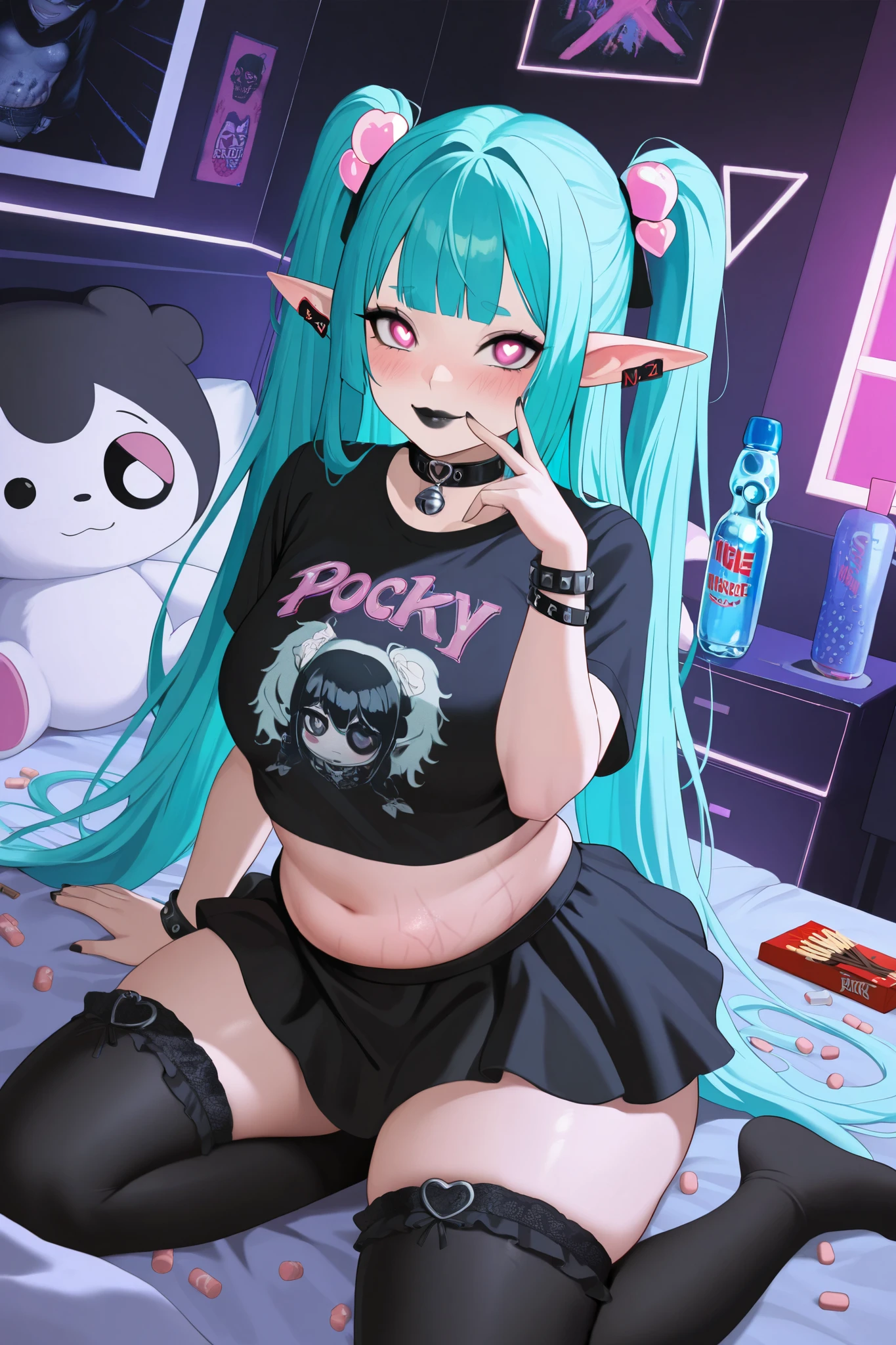 masterpiece, best quality, 1girl, solo, miyabizzz, neon aqua hair, long hair covering back , bangs, fluffy hime cut, goth outfit, black thigh highs and collar and bracelets, elf ears, collar, indoors, wooden floor, thick thighs, dutch angle, bright pink eyes, bright pupils, thigh highs, looking at viewer, blush, closed mouth, black lips, goth, fishnet, anime top, long dress, packing peanuts black, black colors, plus size, chubby, cute, stomach pudge, stretch marks, tiny half brows, anime logo on top, bell choker, tag on ear blue, anime background theme, crop top has short sleeves, mini skirt, thigh highs are black, leather goth bracelets, black rings, short black nails, anime posters, stuffed animals in background, bedroom, sitting on bed, hearth pupils, cute pose, smiling, she, blushing, anime themed shirt, finger against cheek pressing into dimple, top half of lip is black bottom half light grey like Kim possible lips, neon blacklight themed room with purple and pink and blue colors, stretch marks on arms, thighs, stomach, , sides, inner elbows, heart shaped pupils, highly detailed eyes, adult, lots of stuffed animals in background, pocky on bed, japanese sweets on bed, ramune soda on bed , Asian snacks on bed, pigtails and half up and down hair, hair covering back of neck and is long