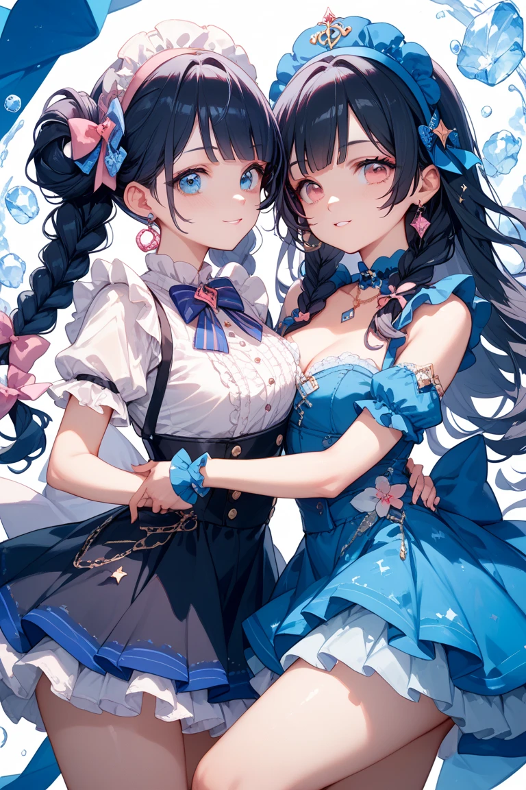 highest quality,wonderful,finely,extremely detailed CG Unity 8K wallpaper, (girls, cute eyes, (magical pink girl outfit,frill mini skirt:1.1), Black Hair, blue eyes, side ponytail, clothed), (sparkling eyes:1.2), (skinny body:1.1), (huge breasts), (cleavage), (crop top navel), (open mouth:1.1), (long tongue:1.1), (mouth drool:1.1), (black stockings:1.2),(Thighs:1.2),(Waistline:1.1)