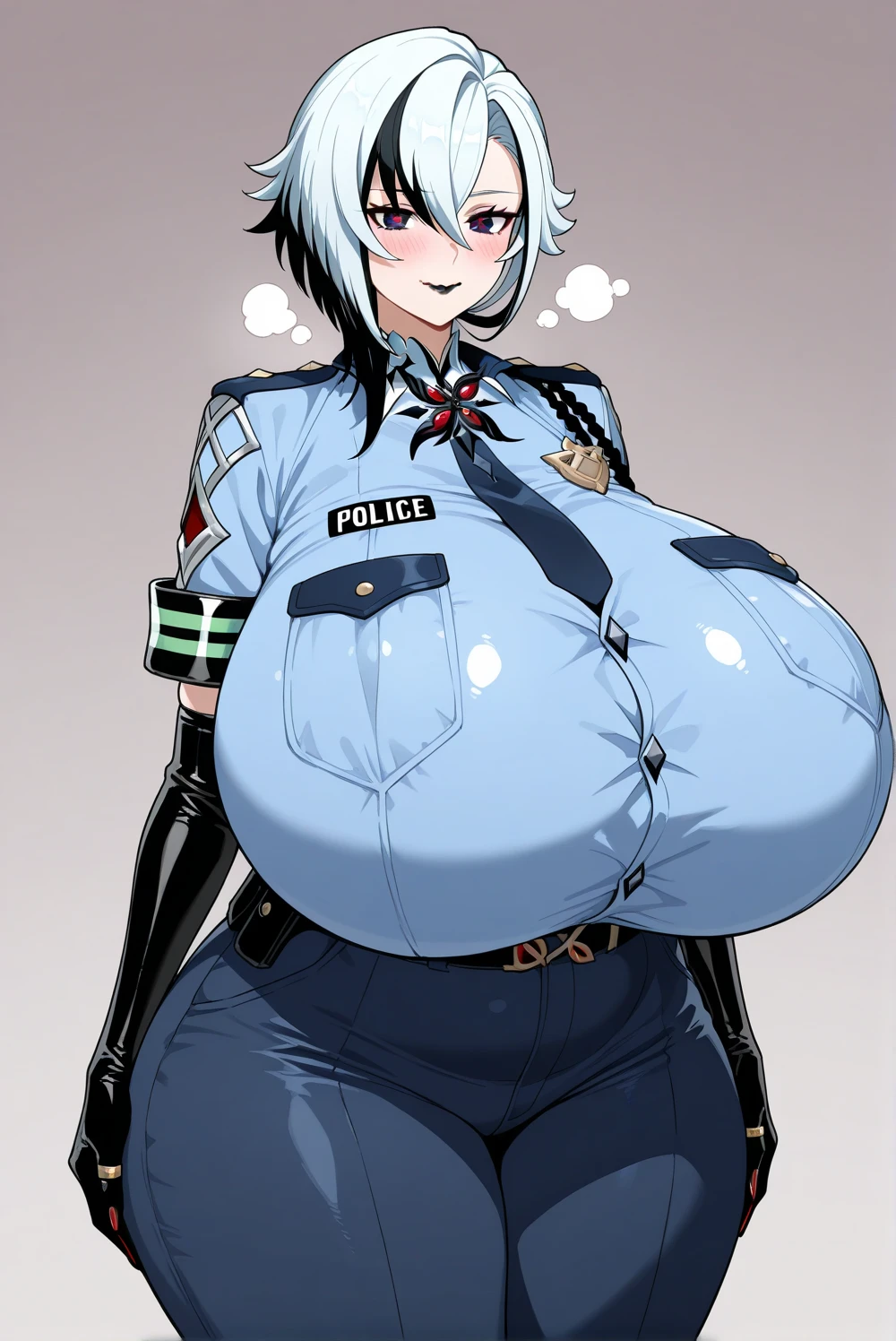 Masterpiece, (high quality:1.2), best picture quality, high resolution, Little boy figure, absurd resolution, digital painting, (artwork), (by dagasi:1.25), (fluffy fur), anthro (male wolf:1.3), (Detailed face:1.5), Cute face, (Security uniform:1.35), (indoor, bedroom, standing:1.2), (large breasts:1.15), (big breasts:1.15), perfect round breasts, sexy breasts, breasts focus, Normal breasts structure, (Fifteen-year-old shota:1.2), (Huge bulge sizes:1.3), (Big bulge sizes:1.3), (Average boy's body:1.0), (crotch bulge:1.3)，wide shoulders，(masculine:1.25)，narrow hips，jaw line，normal bulge structure，(Knee Socks:1.0)，(elbow gloves), (Looking down), Long snout, detailed eyes, bright and clear eyes, (male:1.75), big ears, big tail, (yaoi:1.25), (shota:1.5), (Good lighting:1.5), (Humanoid body:1.5), (Handsome Face:1.5), white short hair, (Little Boy:1.2), (Detailed breasts:1.25), (Perfect body:1.35), (perfect boobs:1.15), Upper part of body, horny, (Detailed clothes:1.2), strong, (short pants:1.25), (athlete boy:1.5), soft lines, 8K, Full HD Backgrounds