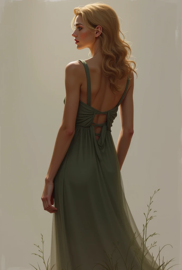 a close up of a person with a green dress on, elle fanning), elle fanning, elle fanning at night, elle fanning as an android, portrait of elle fanning, pale fair skin!!, showing her shoulder from back, opened dress, dressed anya taylor - joy, bare back, side boob, flat chested, soft pale golden skin, her back is to us