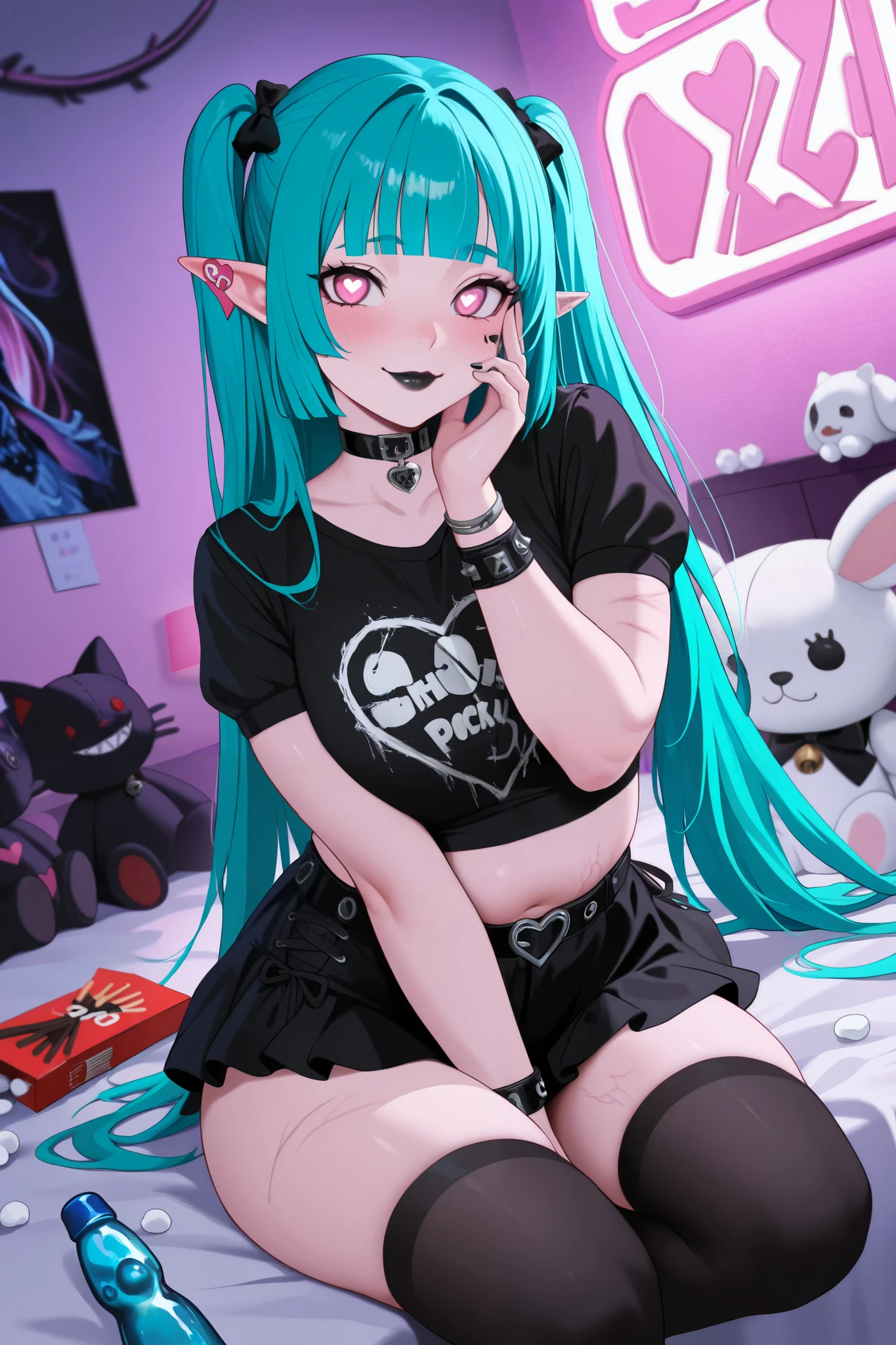 masterpiece, best quality, 1girl, solo, miyabizzz, neon aqua hair, long hair covering back , bangs, fluffy hime cut, goth outfit, black thigh highs and collar and bracelets, elf ears, collar, indoors, wooden floor, thick thighs, dutch angle, bright pink eyes, bright pupils, thigh highs, looking at viewer, blush, closed mouth, black lips, goth, fishnet, anime top, long dress, packing peanuts black, black colors, plus size, chubby, cute, stomach pudge, stretch marks, tiny half brows, anime logo on top, bell choker, tag on ear blue, anime background theme, crop top has short sleeves, mini skirt, thigh highs are black, leather goth bracelets, black rings, short black nails, anime posters, stuffed animals in background, bedroom, sitting on bed, hearth pupils, cute pose, smiling, she, blushing, anime themed shirt, finger against cheek pressing into dimple, top half of lip is black bottom half light grey like Kim possible lips, neon blacklight themed room with purple and pink and blue colors, stretch marks on arms, thighs, stomach, , sides, inner elbows, heart shaped pupils, highly detailed eyes, adult, lots of stuffed animals in background, pocky on bed, japanese sweets on bed, ramune soda on bed , Asian snacks on bed, pigtails and half up and down hair, hair covering back of neck and is long, hearts in background, half up pigtails and rear of hair is down covering back and her neck,