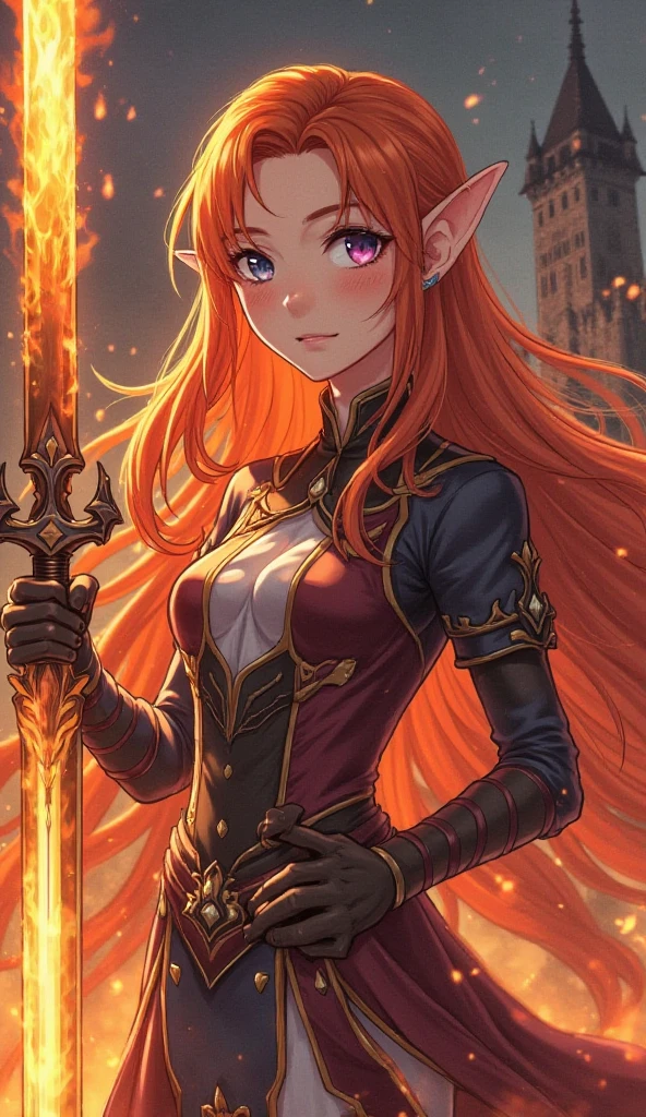 (masterpiece, highest quality:1.2)、 Beautiful delicate shine、In detail、High resolution、anatomically correct、correct arm、correct leg、((correct movement))、((correct finger))、((Standing picture:1.2))、((no background:2))、elf long red hair girl、Thin sword、red light armor、mischievous smile