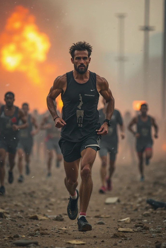 Very sweaty muscular CrossFit man running away from men trying to grab his scared naked face