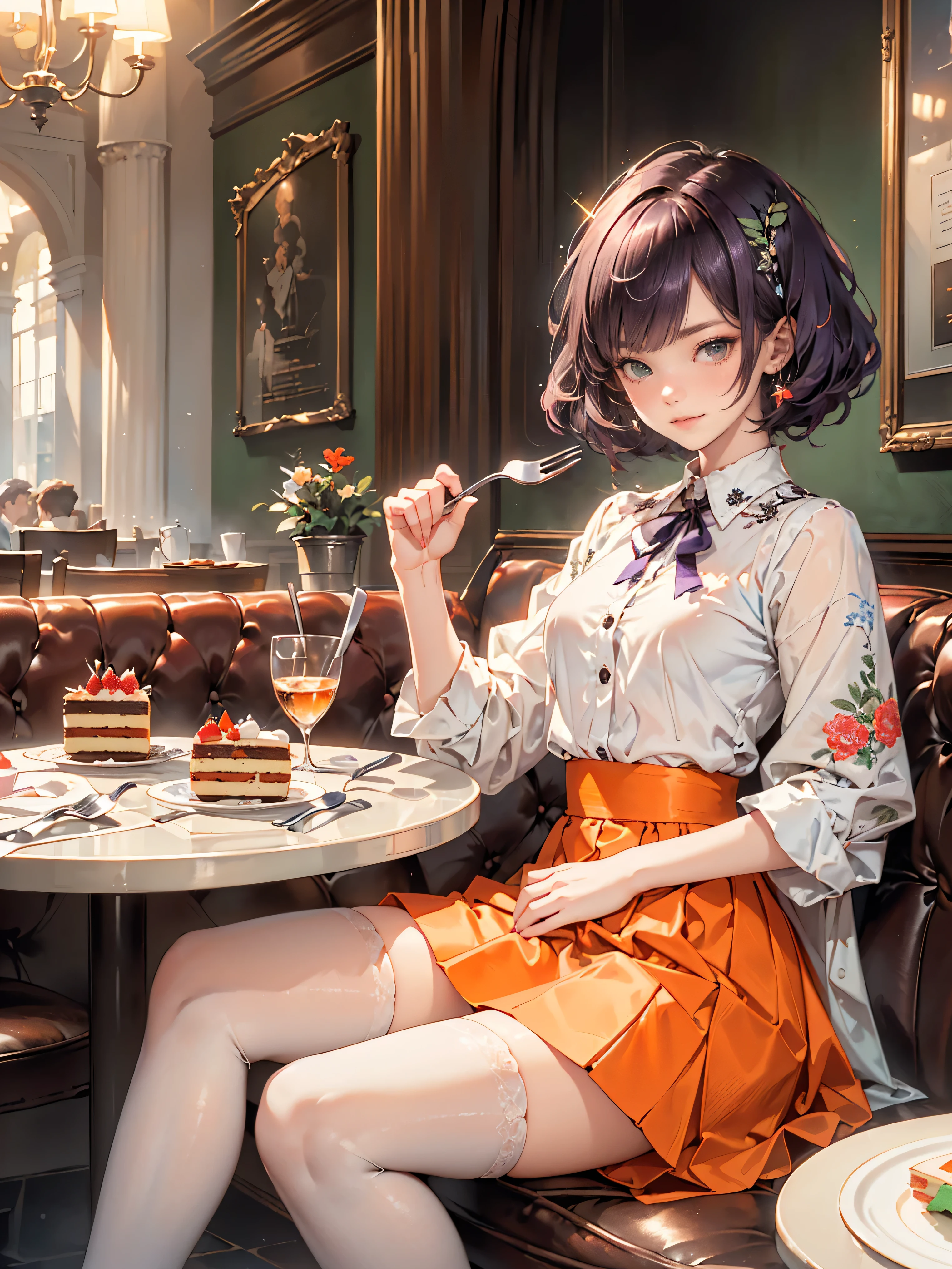 Best quality, 8K, Best quality, Masterpiece, ((Two schoolgirls with odd eyes)), ((Heterochromia, red eyes, green eyes)), ((Sparkling, small crimson eyes)), (Very small eyes)), (Long platinum and purple hair), Princess cut, ((Translucent, sparkling white skin)), Sparkling skin, Very white skin ((Very small breasts)), (Anatomically accurate), ((Detailed depiction down to the tips of the fingers)), ((Wearing a silk blouse with floral embroidery)), ((Orange flared skirt)), ((Sitting at a table in a cafe restaurant eating cake)), ((Cake on a plate on the table)), ((Deftly eating cake by stabbing it with a fork)), ((Knee-length stockings)), ((Detailed depiction of the cake)), Smiling, Very beautiful.