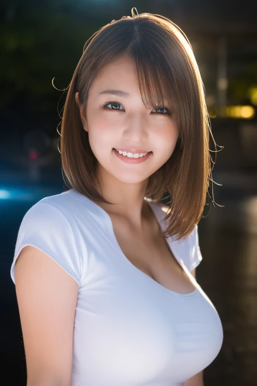 highest quality, figure, Ultra-detailed, finely, High resolution, 8K Wallpaper, 完璧なダイナミックな構figure, ((Sexy pose)), Beautiful Skin, (Big Eyes), 20 year old beautiful girl, Natural color lip, Mid chest, smile, Highly detailed face and skin texture, Detailed eyes, Double eyelid,leaking teeth and laughing, close-up, overhead shot, Brown short hair, (Striped dress shirt:1.2), Tree-lined street