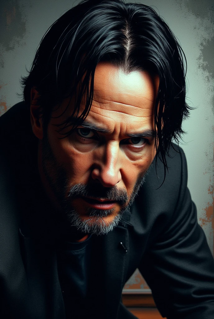 abstract, keanu reeves, get out of the tv screen, hyperrealistic, cinematic lighting, dramatic shadows, moody atmosphere, chiaroscuro, oil painting, portrait, intense expression, angular facial features, piercing eyes, stoic demeanor, 8k, photorealistic, ultra-detailed,vibrant colors,dramatic lighting,cinematic composition,moody,somber,melancholic