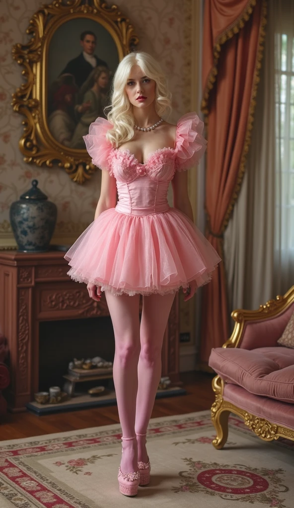 Princess Peach looking down at the viewer.  she is wearing white stockings, pink high heels, and her classic pink ballroom dress, her bust is heavy and full, her breasts strain the fabric of her top