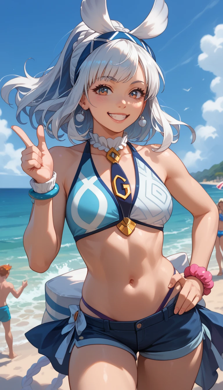 Women. 30 years old mature face, long silver hair ponytail, silver eyes, happy smile, big breasts, blush. silver bikini, is in front of the viewer, whole body, background a sunny beach. drops of water on his chest. purple ribbon on her head. 1 sola Women Women sola. imagen de whole body. drops of water on his chest.