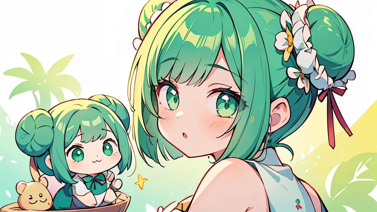 1 girl, top quality, masterpiece, mint green hair, bob cut, ((2 buns on side of head)), mint green eyes, delicate eyes, cute, pop, cute