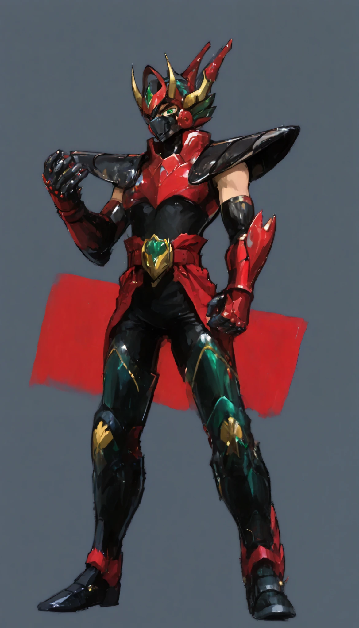 (My Hero Academia Style), ((OC)), ((1guy)), ((male)), (Anthro), ((perfect face)), (((perfect hands))), ((perfect anatomy)), (Knee gap), (Ankle Gap), ((standing)), ((looking at viewer)), ((plain background)), ((full body photo;1.5)), ((Red Charizard Armor Cloth)), ((Saint Seiya)), ((Myth Cloth)), ((Red Charizard Cloth)), ((((Metallic Simple Red Charizard Head Helmet Headwear with Emerald Green Eyes and golden Rear Horns and Edges)))), (((Black Full simple Facewear Mask With Emerald Green Eyes and Golden lines))), (((Metallic Simple Dragon Red Armor with Emerald Green Jewelry and Gold Edges))), ((((Black Fullbody loose Bodysuit Tucked in Armor)))), ((Simple Metallic Red Gauntlets)), ((simple Metallic Red Shin Boots)), ((Metallic Simple red three-layer Shoulder pads with gold edges)), (((Metallic Simple Red three-layer chest breast plate with Gold Edges))), ((Metallic Simple red Greaves With Gold Edges)), ((Simple Metallic Red hips pads with Gold Edges)), ((Metallic Simple Red Belt with circular buckle and Gold Edges)), ((circular buckle with round Emerald Green Jewelry)), ((Metallic Simple Red Collared Armor With Gold Edges)), ((Simple Gray Background With Gold Edges))), (((metallic Red simple elbow and knee pads With Gold Edges and Emerald Green Jewelry)))