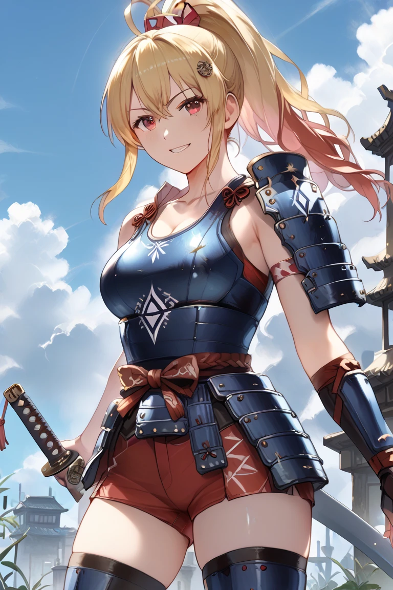 Red Dragon、Fight the enemy、Girl in Red Armor、Japanese sword in hand、Japan red armor on the torso、Red helmet on the head