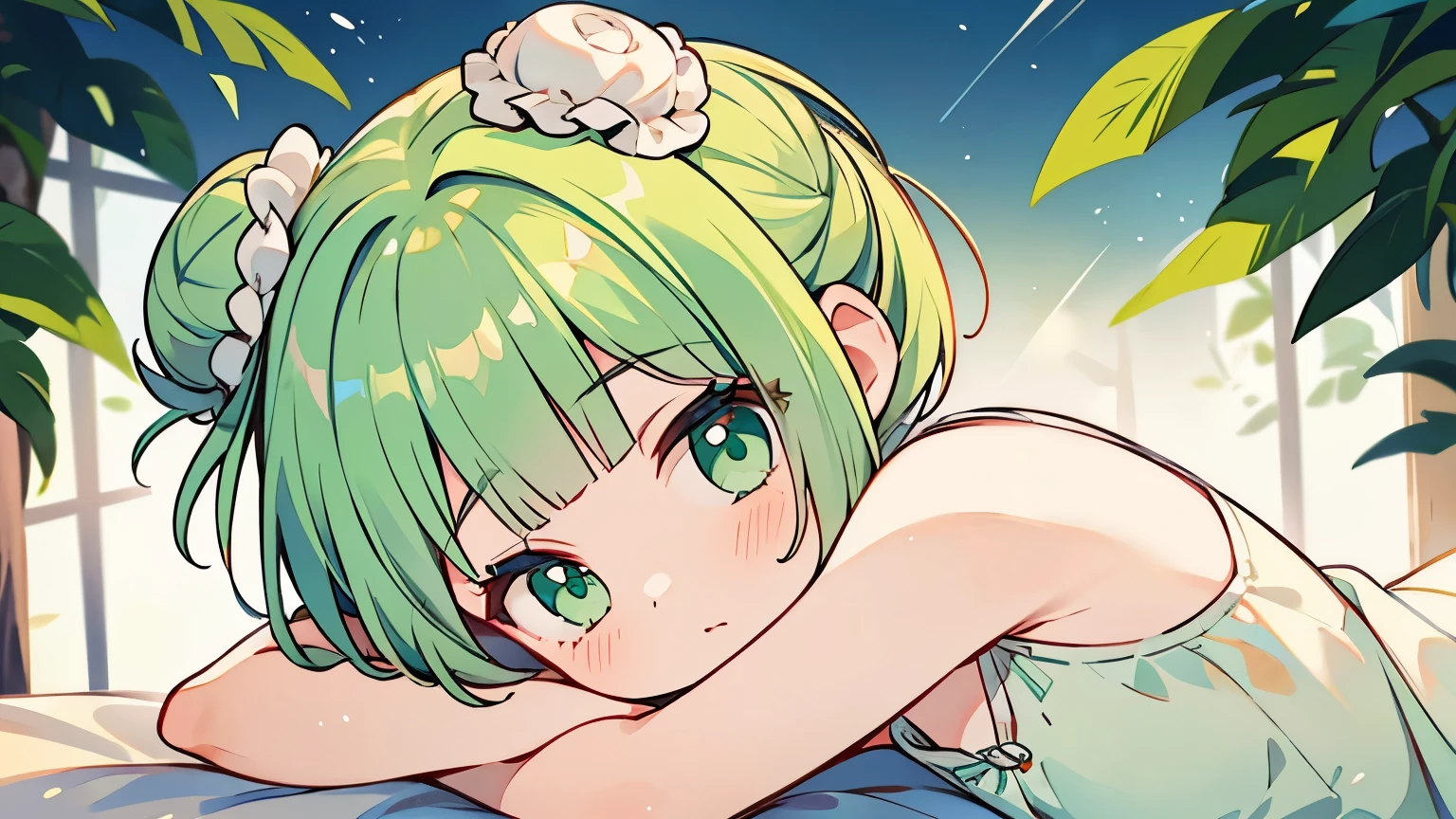 1 girl, top quality, masterpiece, mint green hair, bob cut, ((2 buns on side of head)), mint green eyes, delicate eyes, cute, pop