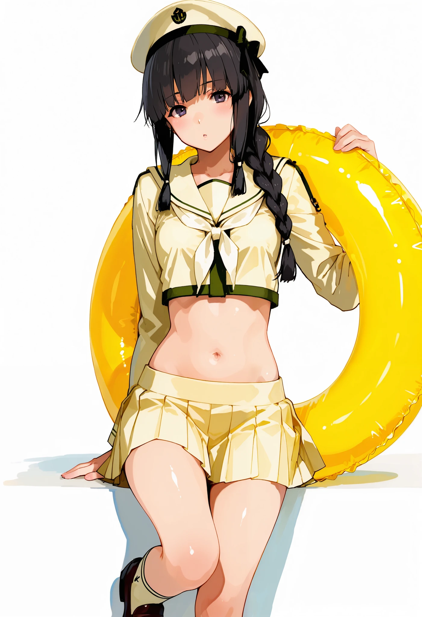 Kitakami [Kai Ni Outfit] (Kantai Collection), 1 girl, 北superior (KanColle), black hair, pleated skirt, Single Braids, school uniform, long sleeve, long hair, sailor suit, side lock, short bang, Neckerchief, sailor color, Headwear ribbon , belly button, thin waist, superior, knee-high, hair bows, loafers, crop top that rubs your back and chest, chest, hair hanging over the shoulders, dark eyes, yellow skirt over swim ring, cowboy shooting