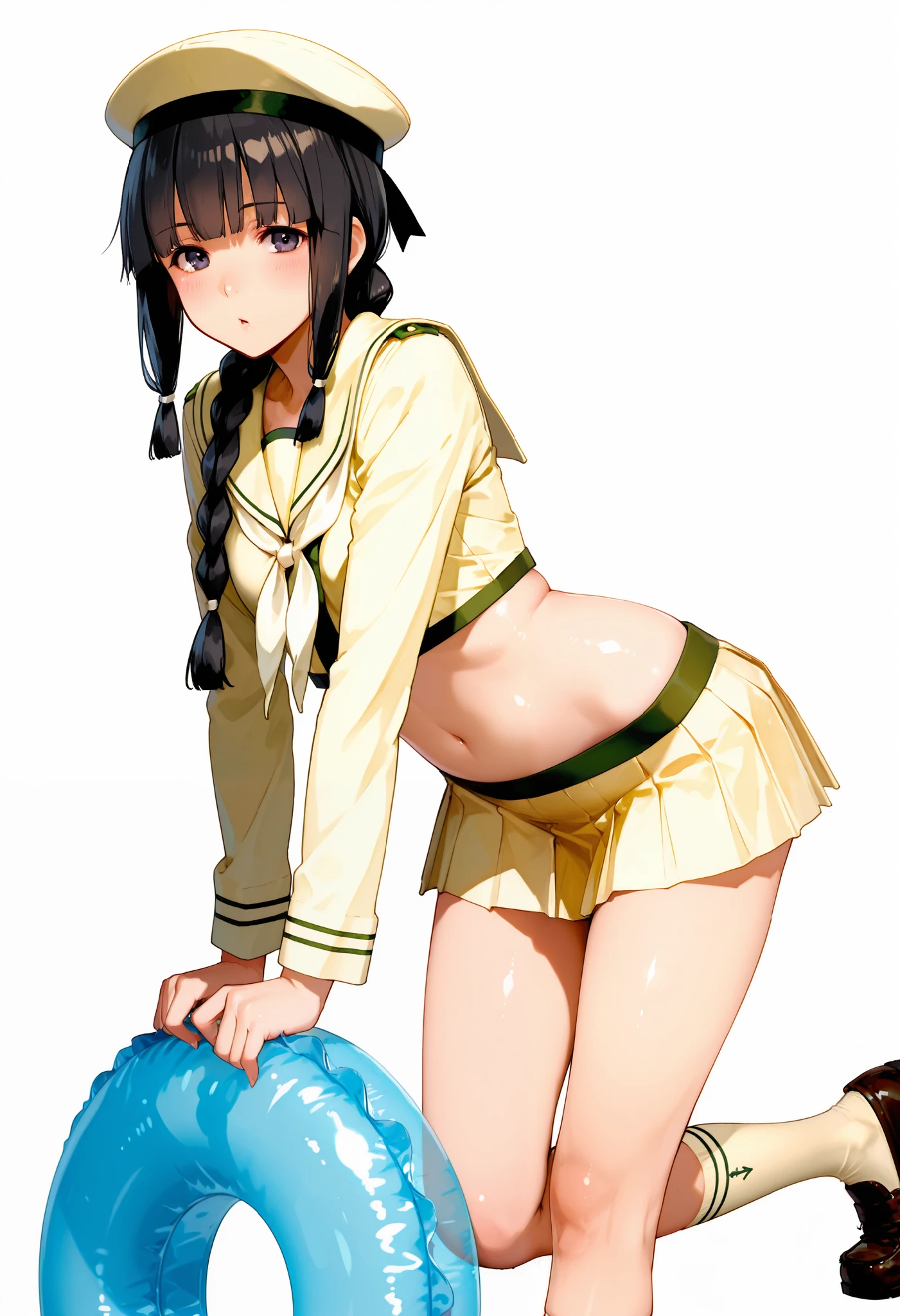 Kitakami [Kai Ni Outfit] (Kantai Collection), 1 girl, 北superior (KanColle), black hair, pleated skirt, Single Braids, school uniform, long sleeve, long hair, sailor suit, side lock, short bang, Neckerchief, sailor color, Headwear ribbon , belly button, thin waist, superior, knee-high, hair bows, loafers, crop top that rubs your back and chest, chest, hair hanging over the shoulders, dark eyes, yellow skirt over swim ring, cowboy shooting