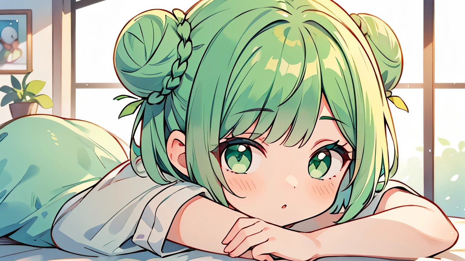 1 girl, top quality, masterpiece, mint green hair, bob cut, ((2 buns on side of head)), mint green eyes, delicate eyes, cute, pop, cute
