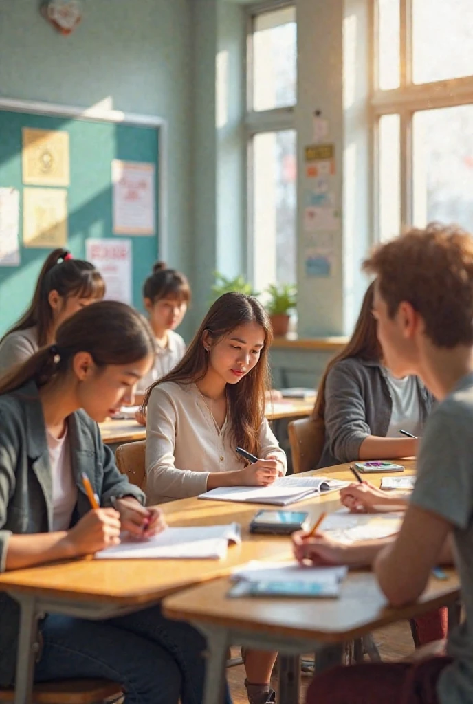 Students with bad character others worried in a classroom while the teacher explains