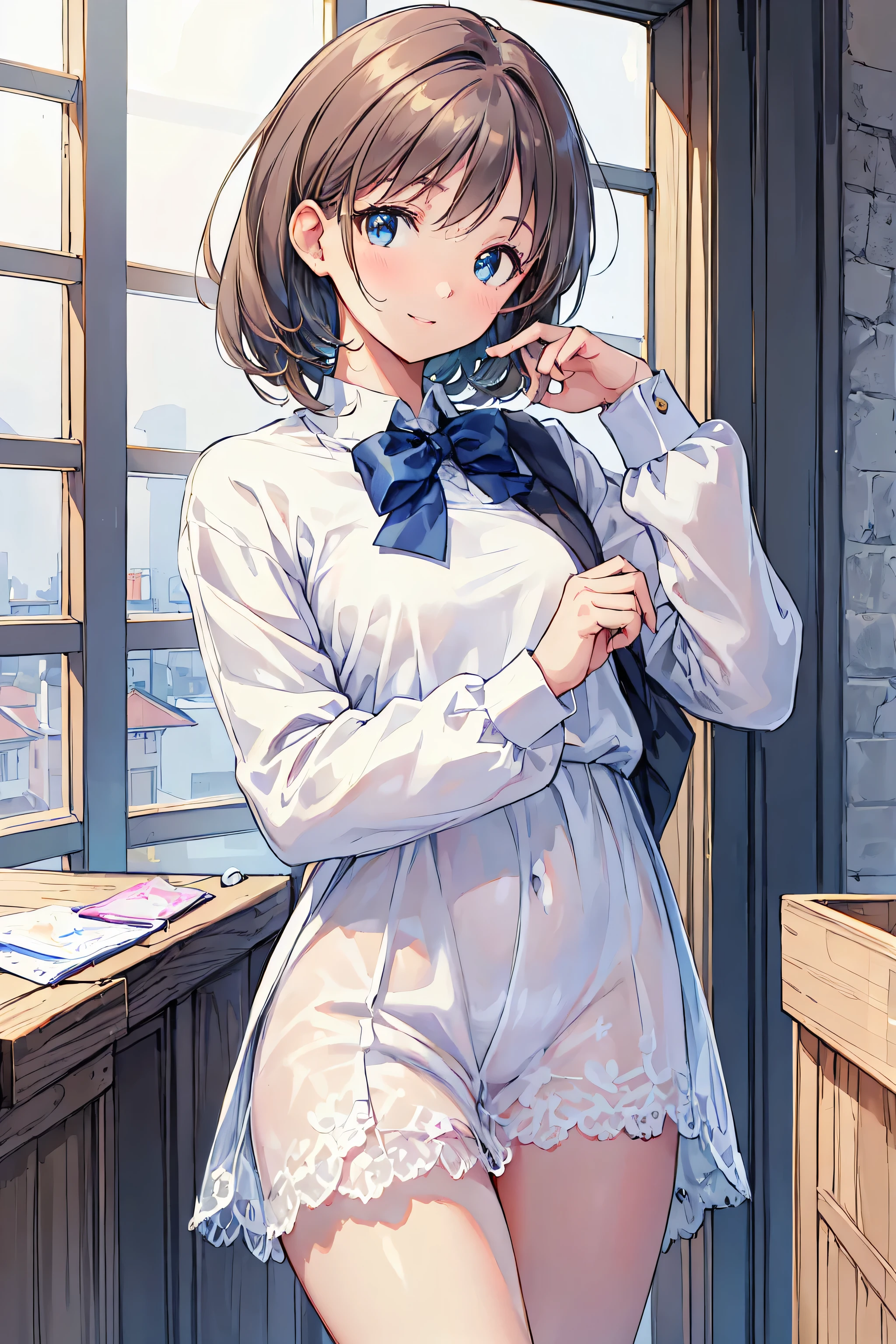 brown hair, shortcuts ,dark-skinned baby, slender beauty ,hole々 Positive Attitudes ,small breasts in Mbini,Beautiful Legs, her enchanting gray-blue eyes are shining like stars..,(masterpiece:2.0), (Top Quality:2.0), ( sidemap:1.5), ( sexy pose with one hair hanging down:1.5), (red face:1.3), (realistic:1.5), 1 , Precision small handle, Embarrassing Looks , smile, Very nice girl, innocent face , Youngface, Clear Eyes, Sparkling Eyes, Small box, Beautiful Skin, super resolution, highest resolution from vagina , Japanese high school students , blazer uniform for the Academy of Lords,brown hair, do