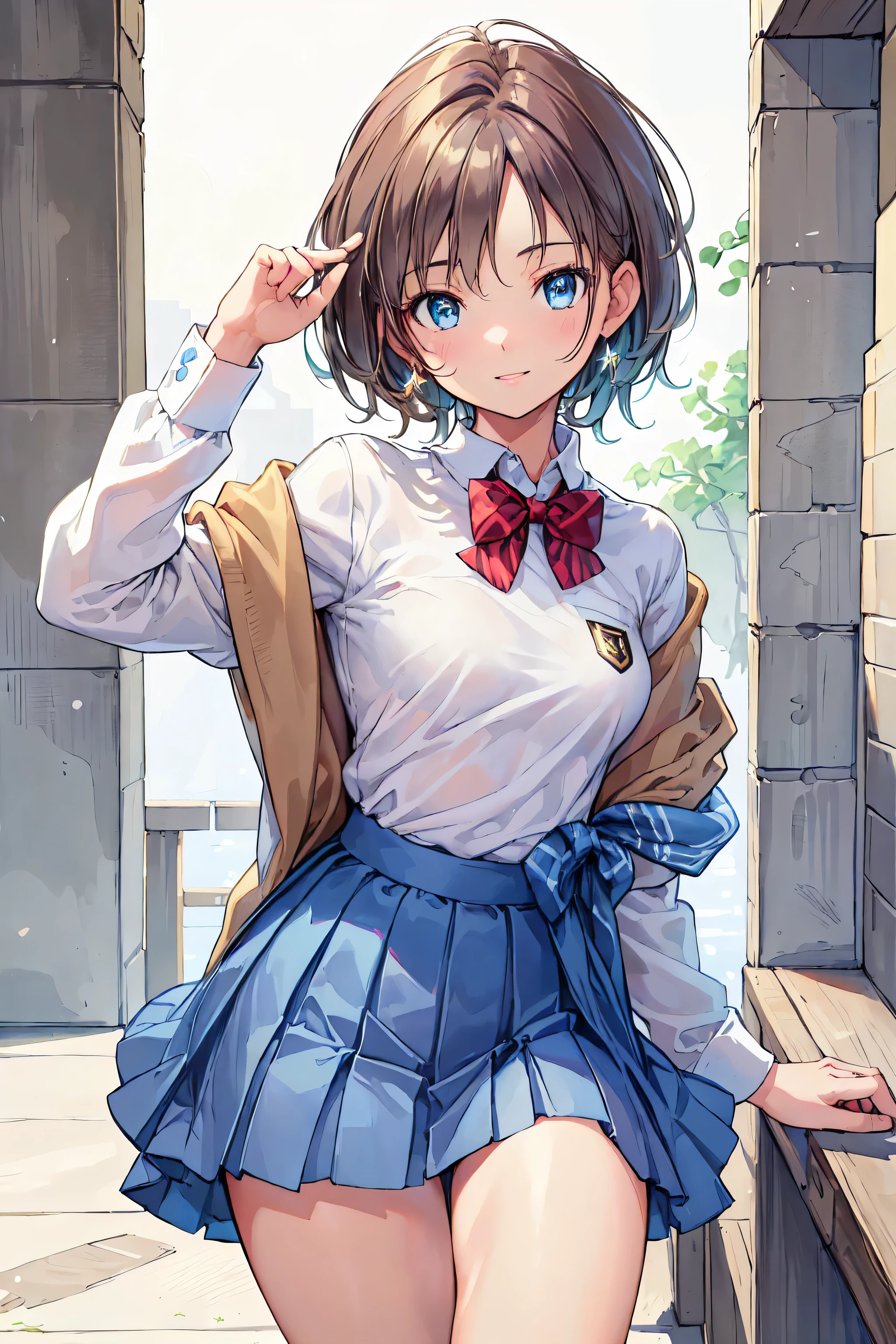 brown hair, shortcuts ,dark-skinned baby, slender beauty ,hole々 Positive Attitudes ,small breasts in Mbini,Beautiful Legs, her enchanting gray-blue eyes are shining like stars..,(masterpiece:2.0), (Top Quality:2.0), ( sidemap:1.5), ( sexy pose with one hair hanging down:1.5), (red face:1.3), (realistic:1.5), 1 , Precision small handle, Embarrassing Looks , smile, Very nice girl, innocent face , Youngface, Clear Eyes, Sparkling Eyes, Small box, Beautiful Skin, super resolution, highest resolution from vagina , Japanese high school students , blazer uniform for the Academy of Lords,brown hair, do