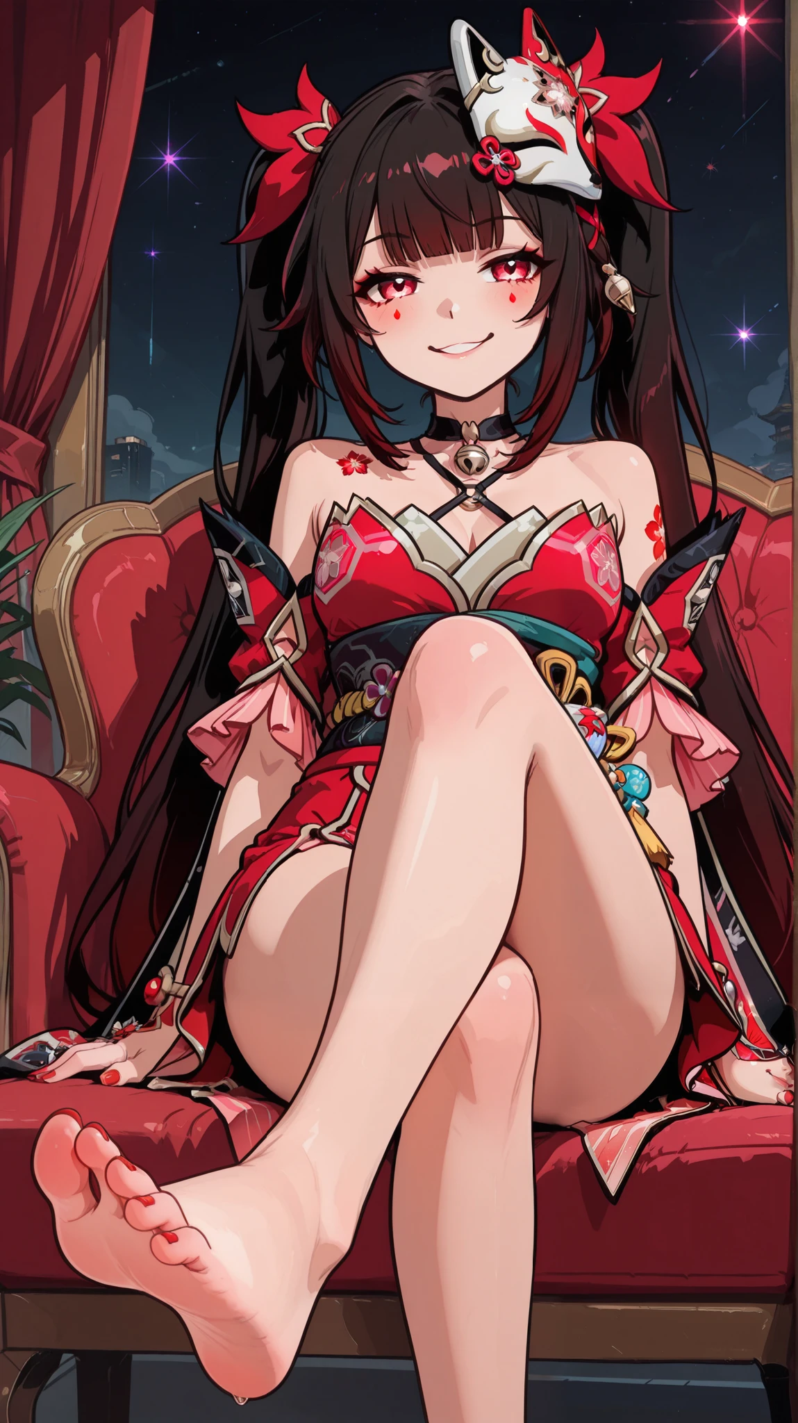 Sparkle di star rail, Show off her sexy little foot, Beautiful long legs crossed, very detailed toes, red nail polish, smug expression, Perfect head, outfit Sparkle, Perfect red eyes,