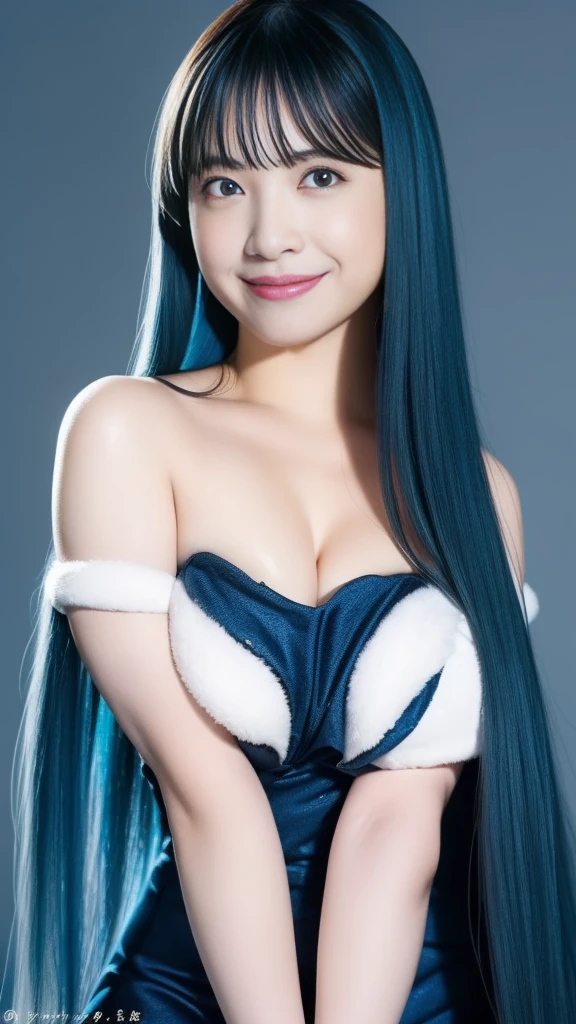 (Highest quality,Tabletop :1.3),One Girl,Japanese,Huge breasts,Cleavage,Long Hair,Straight hair,Blue Hair,weather,Glowing Skin,Close-fitting clothing,Pop Idols of Japan,Blue background