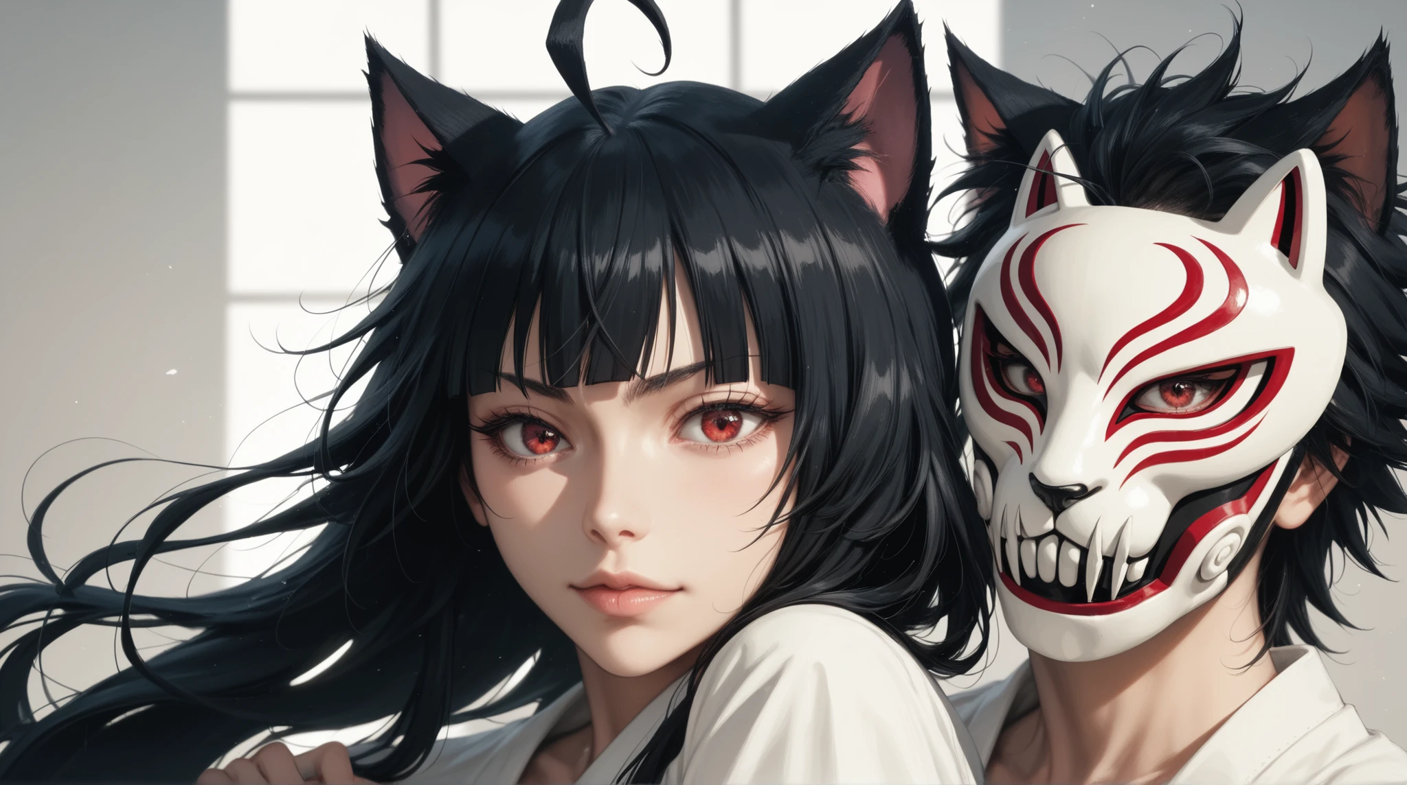 (cat girl, cat black ears)), (red eyes), (long hair), (( black hair, (Ahoge), straight bangs,), vasto señor, Bleach anime, hueco, Oscura, shinigami, hueco Mask,