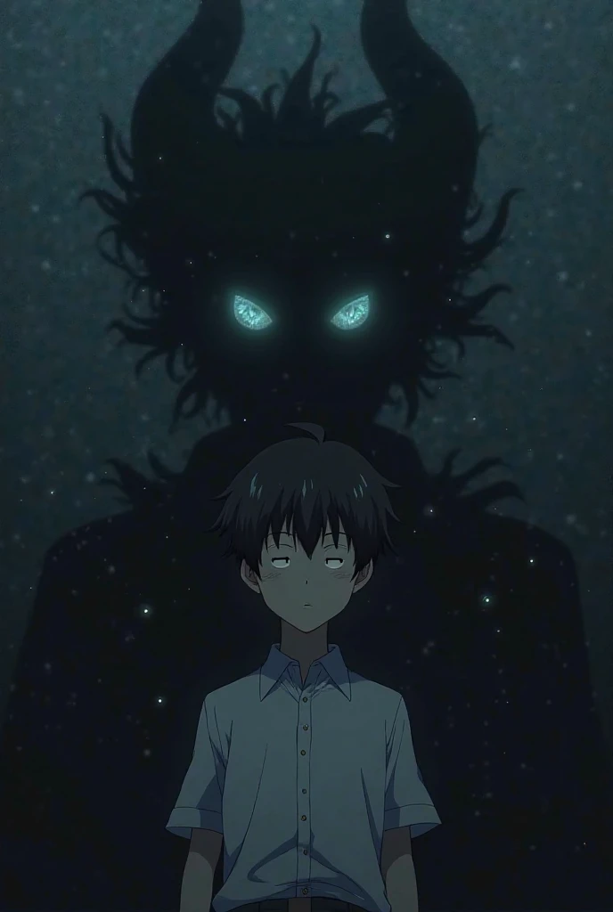 solo, male, anime character with black framed glasses and black hair, blue eyes, apathetic and bored expression, shadows spirits behind character with humanoid faceless bodies