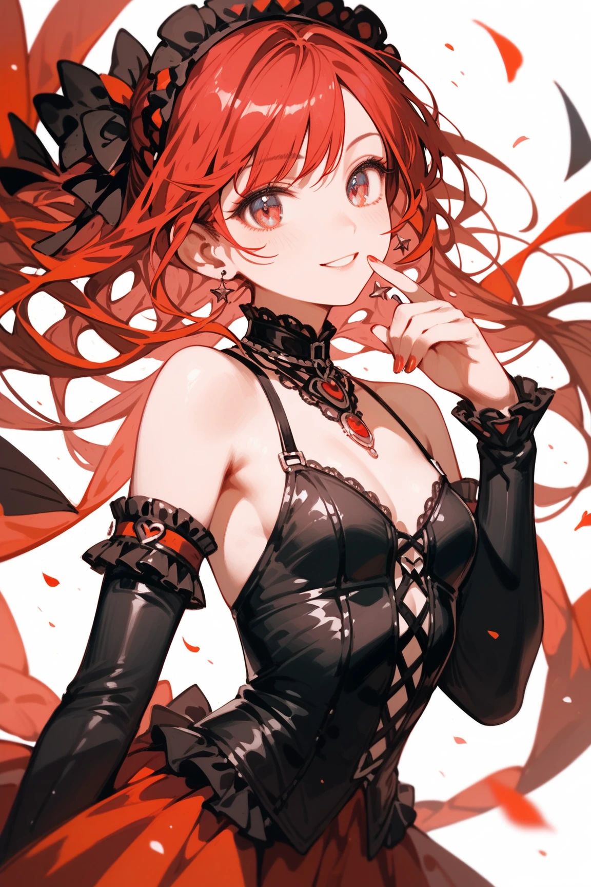 (absurdres, 8k, 4k, masterpiece, hyper extreme detailed:1.2), solo, ((red hair)), 1girl, profile view, profile picture, perfect face, 1girl, ((red long hair)), ((black crown)), ((straight cut hair bangs)), roses in hair, braids, portrait, queen, bloody, ((very long hair)), (full body), elegant dress, gloves, dominant, roses, expressive eyes, solo, perfect anatomy, evil eyes, female, medium boobs, black gothic clothes, long red hair, braided hair, serious, not similing, yellow eyes, female, covered breasts,