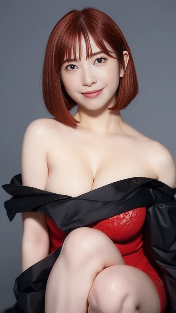 (Highest quality、4K、8k、High resolution、masterpiece:1.2)、Very detailed、(Genuine、Realistic、Realistic:1.3)、Japanese women、blonde、pixie cut、smile、Leaning forward、(Backless)High-neck sleeveless knit dress、(((side boob)))、Accentuate your side bust、Put your arms behind your head、(((from side)))