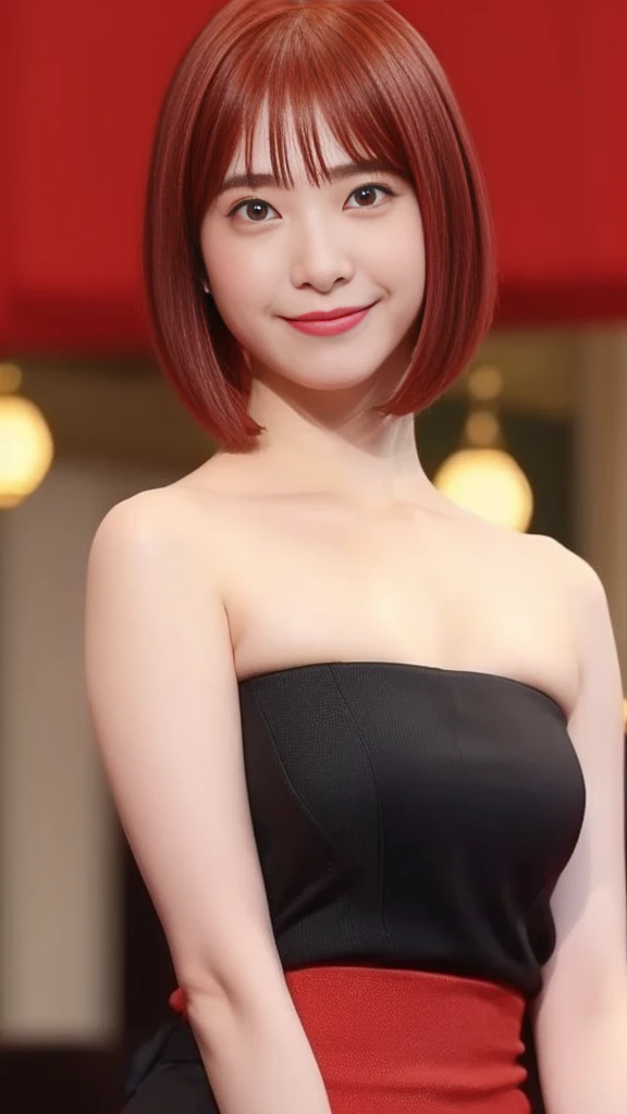 surrealism, party look, big bust, red hair, angle looking from top to bottom, bust, laugh
