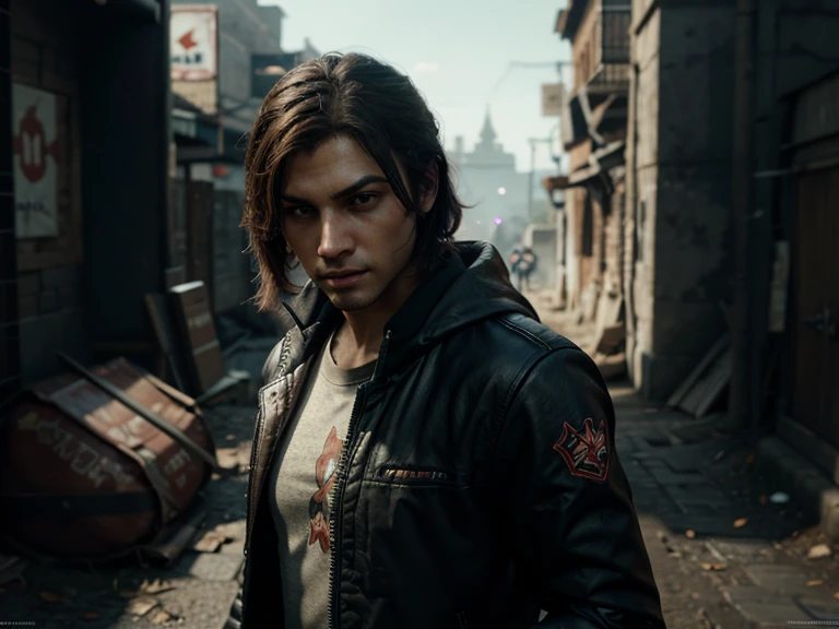 Young man in the field, in torn leather clothes, all dirty, with bloody hands, realistic drawing, 8k