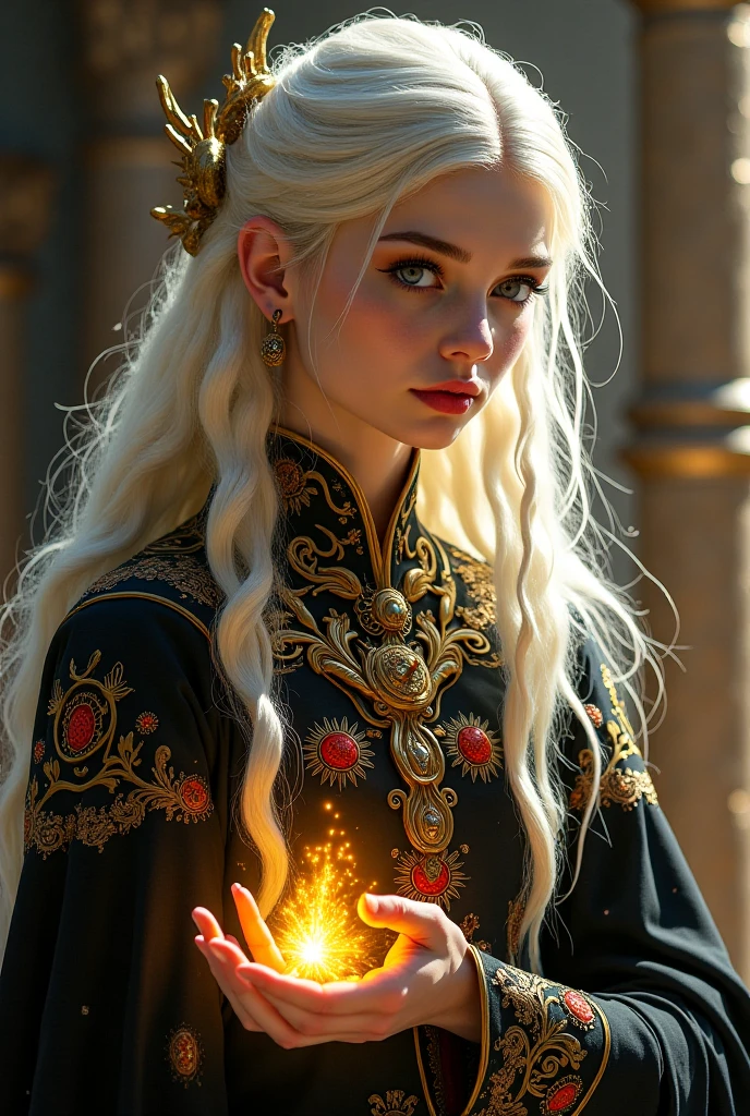 dnd, dungeons and dragons, high half elf, sorcerer, wild magic, portrait, solo, single person, pale white skin, long white hair, glowing golden eyes, beautiful, female, , busty, smirking, flowing red robes, casting a magical spell, ((masterpiece, best quality)), artwork trending on artstation