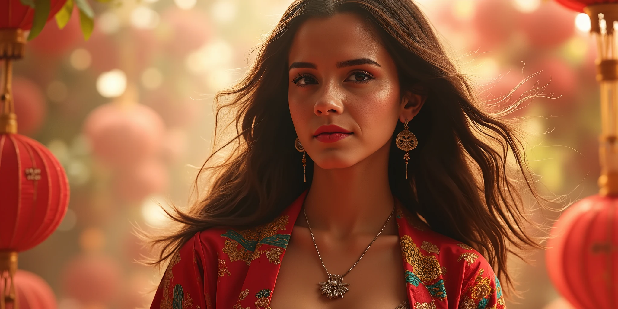 A photorealistic image of a young Asian woman of about 20 years old, with long, dark and silky hair, curvy and seductive, wearing a typical costume from one of the Asian countries, colorful and with beautiful prints. The light is ethereal, warm and gives vibrant and very beautiful colors throughout the image, giving a very dreamlike atmosphere, loaded with great beauty.