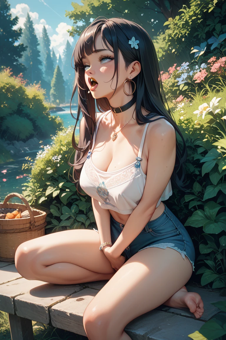 ((semi long beautiful dark blue hair,beautiful blue eyes)),(solo),((masterpiece, highest resolution,best quality)), (beautiful illustration),(Bright blue one piece sexy knit sweater),((topless, beautiful medium , pink nipples)),(Lying on the ground,knees up,legs wide open),wet gleaming skin,Vulgar,(nsfw),
low angle,from below,((masterpiece, highest resolution,best quality)), (beautiful illustration), (looking at the viewer),((face toward the viewer)),innocent sexy smile,Embarrassed,orgasm,mouth open,showing teeth,cinematic lighting,
beautiful icy lake and mountains,flowers,trees,snow,blue sky