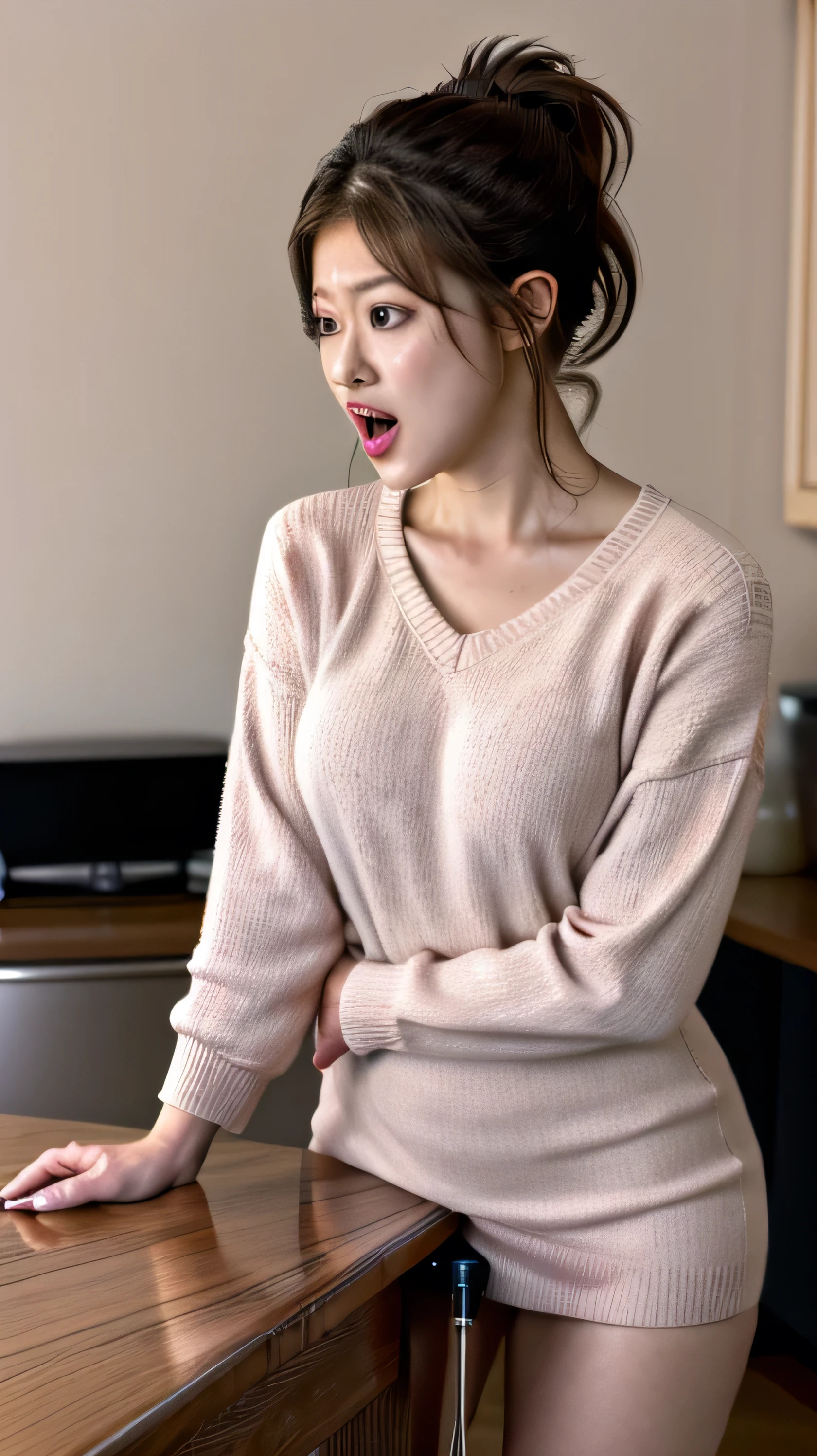 (nsfw:0), (realistic, photorealistic), (masterpiece, best quality), high resolution, intricate details, extremely detailed, perfect lighting, cinematic lighting,
looking away, 1girl, a Japanese female idol,
dark hair, ponytail hair, medium breasts, slender, pale skin, shiny skin, sweaty, (detailed face, detailed eyes, beautiful pupils, sophisticated nose), (perfect anatomy, perfect hands),
(light pink sweater minidress, thighs, bare legs), pamps,
(standing leaning forward at the kitchen table, her crotch on the corner of table top, table humping, crotch rub:1.5), (ahegao, orgasm, lewd face, rolling eyes, open mouth:1.2), photo background, indoors, home, kitchen, beautiful scenery,