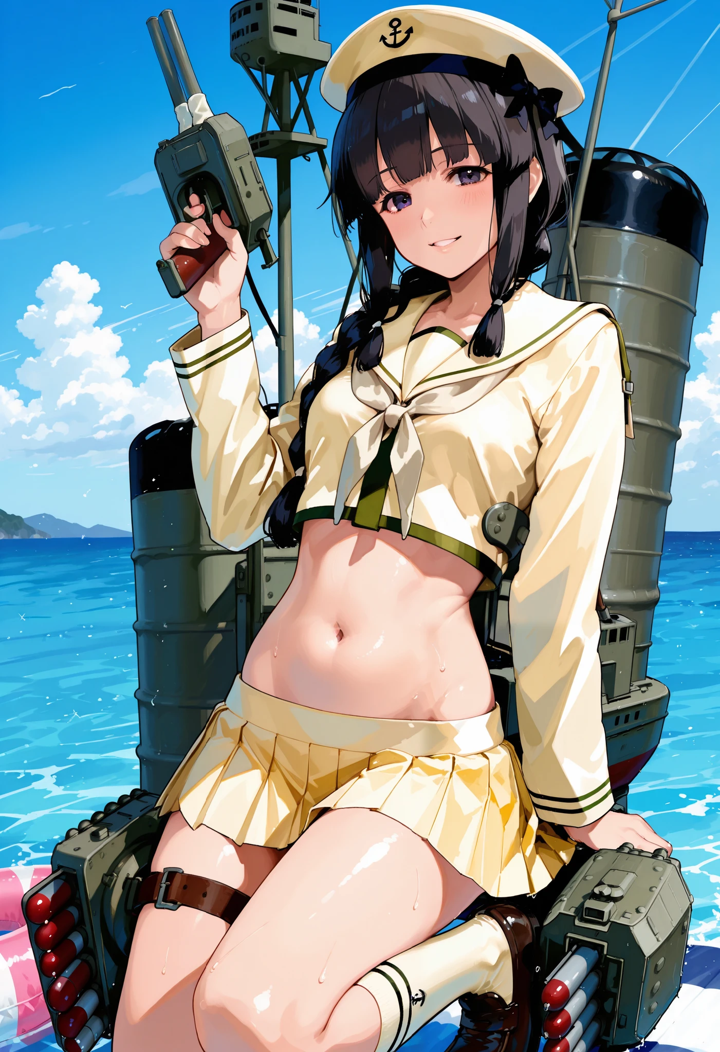 Kitakami [Kai Ni Outfit] (Kantai Collection), 1 girl, 北superior (KanColle), black hair, pleated skirt, Single Braids, school uniform, long sleeve, long hair, sailor suit, side lock, short bang, Neckerchief, sailor color, Headwear ribbon , belly button, thin waist, superior, knee-high, hair bows, loafers, crop top that rubs your back and chest, chest, hair hanging over the shoulders, dark eyes, yellow skirt over swim ring, cowboy shooting, black hair, torpedo, school uniform, pleated skirt, long hair, sailor suit, short bang, machine, superior,  Turret , side lock, cannon, cowboy shooting