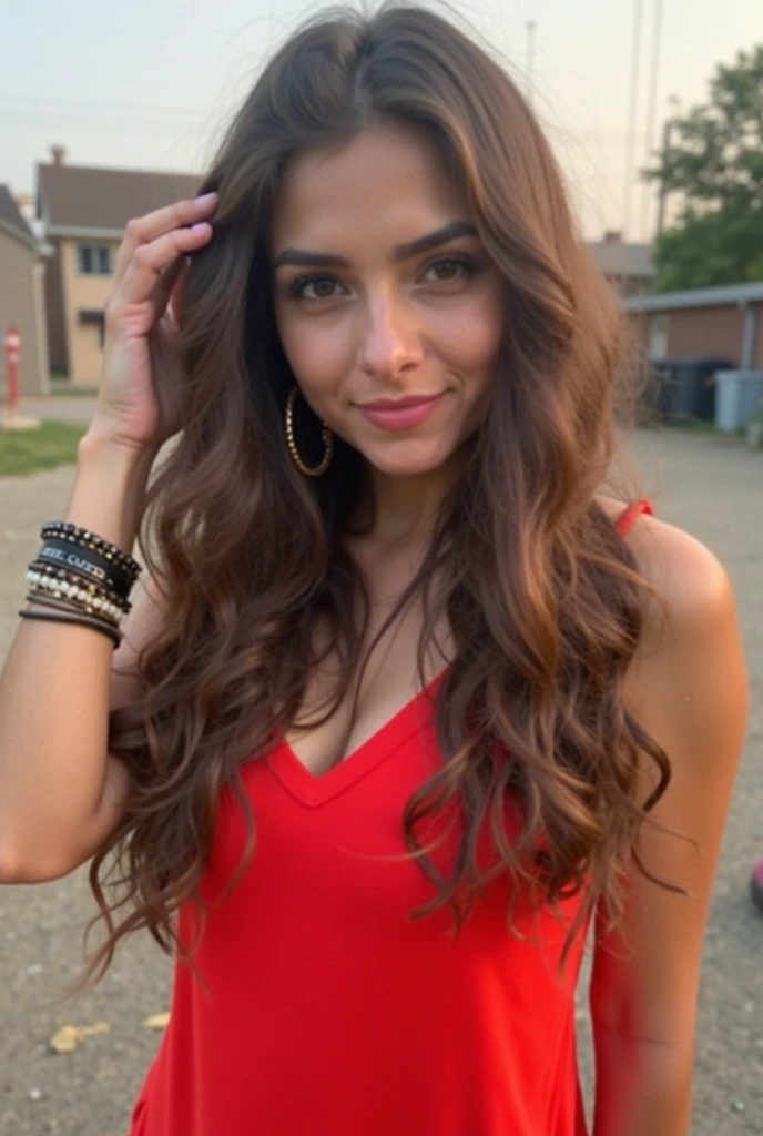 Brooke monk sitting outside a local restaurant table, wearing a short red dress, beautiful looking, grinning, long wavy brown hair, shiny eyes, food on table, full body view, hair off to one side, bigger breasts, looking toward viewer