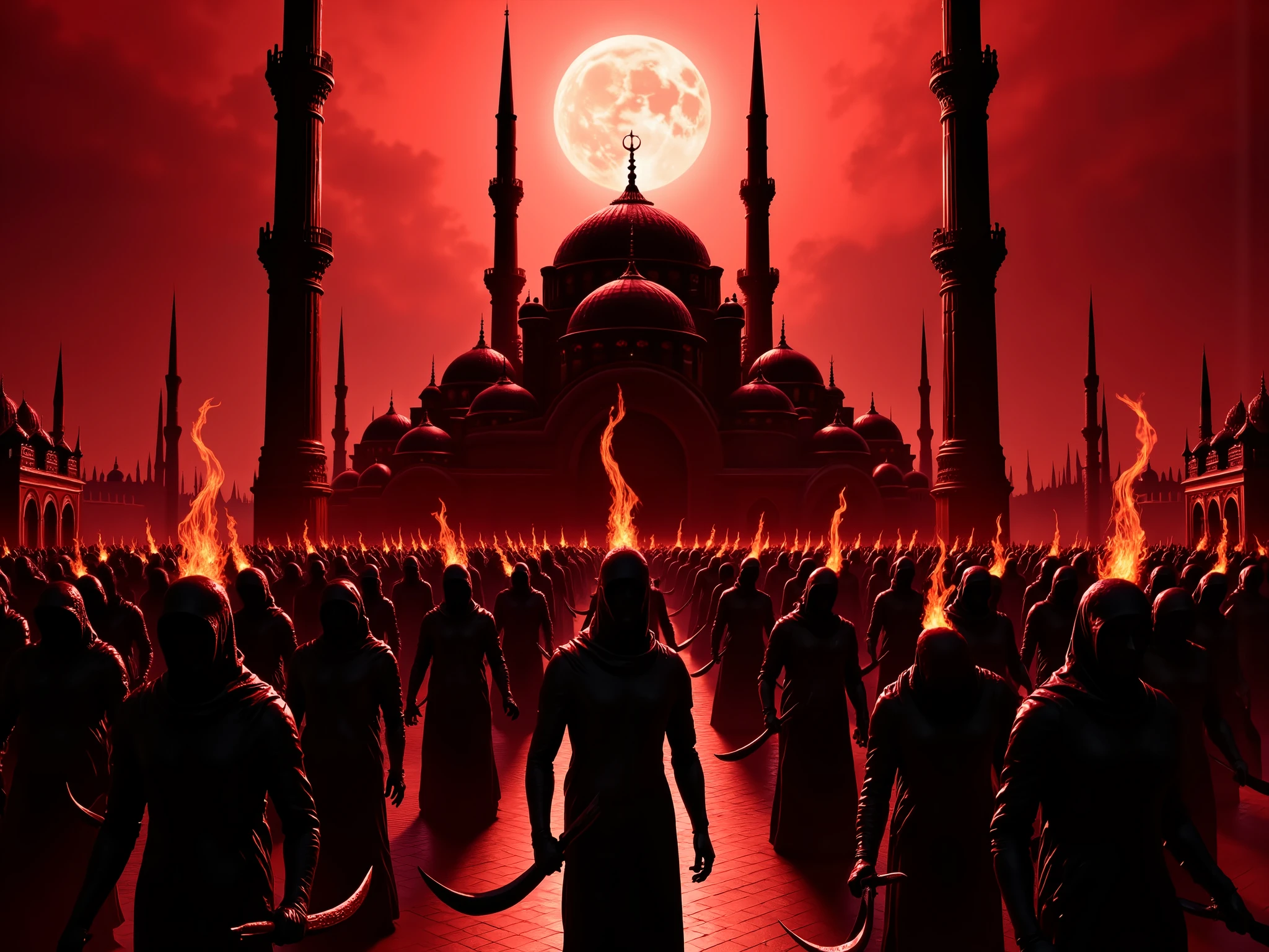 Aesthetic: Dark minarets, burning script, crescent-shaped blades, branded flesh. Imams mosques.
Doctrine: Submission is freedom. 1984. Outcome: theocracy, caliphate, dystopia